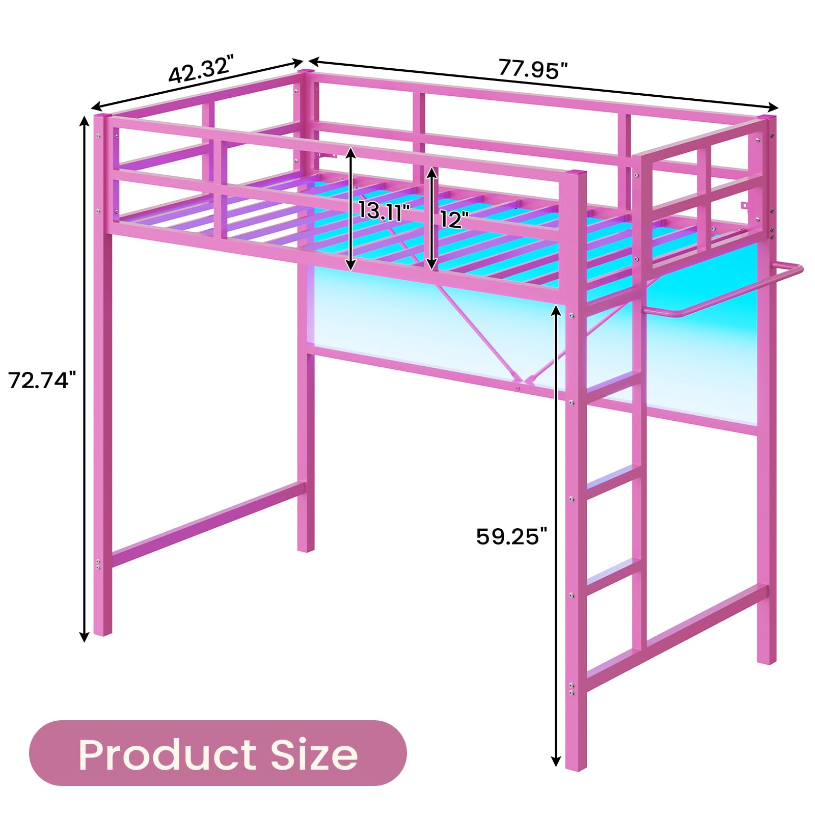 Hasuit Twin Metal Loft Bed with LED Lights - Sturdy Space-Saving Loft Bed Frame with Full-Length Guardrail & Clothes Rack - No Box Spring Needed, Noise Free - Perfect for Kids, Teens & Small Bedrooms (Pink)