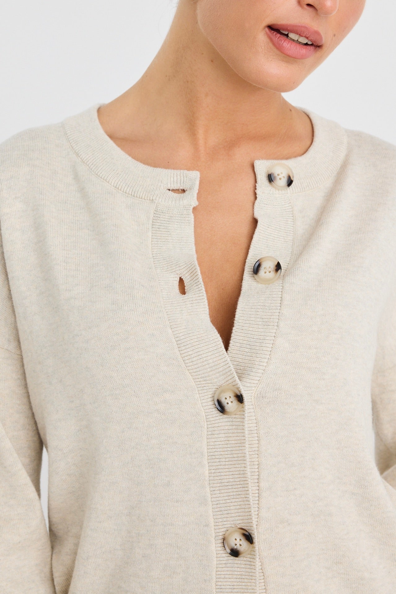 Delight Oat Marle Cotton Fine Knit Crew Cardigan Sweater - Soft & Comfortable Women's Pullover for Casual Wear, Office & Fall Outfits