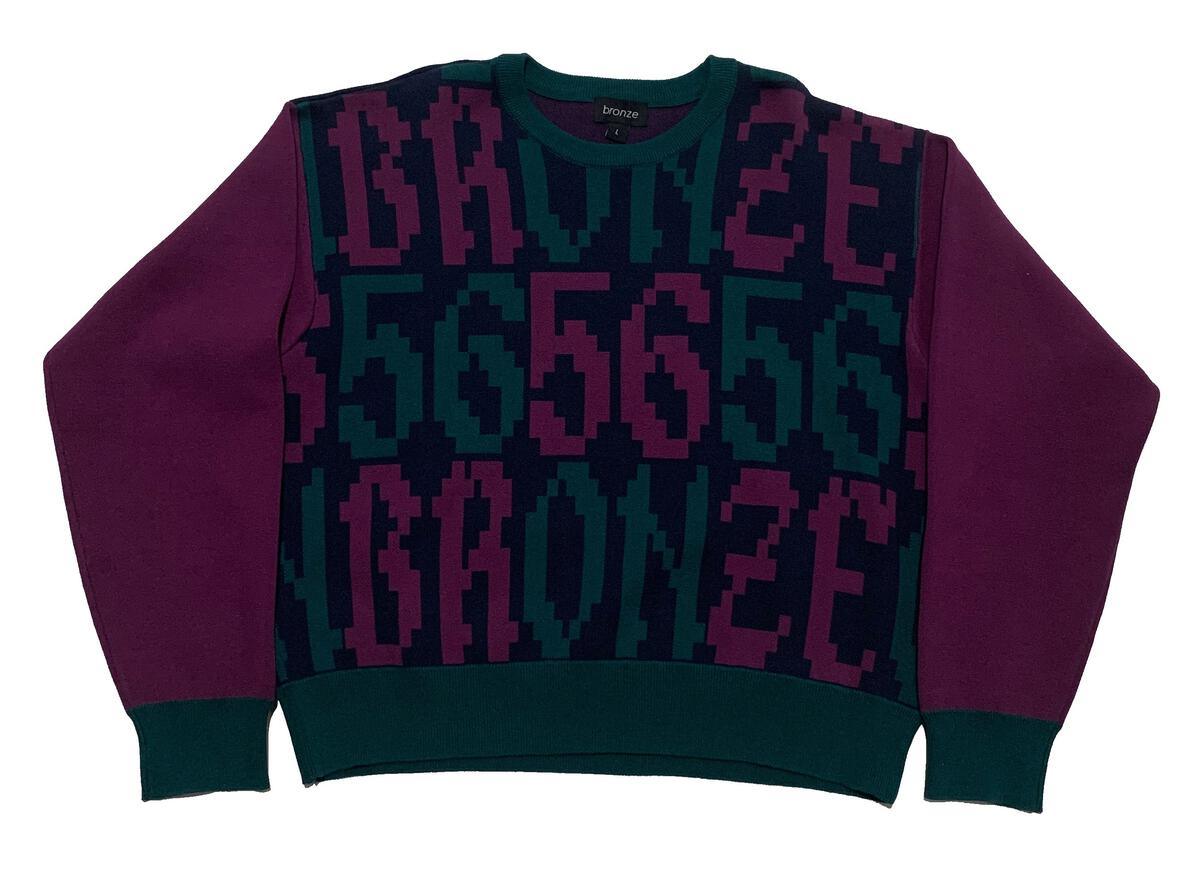 Vintage Bronze 56K Old E Sweater - Purple & Teal Retro Pullover | 90s Nostalgic Streetwear for Men & Women | Perfect for Casual Outfits, College Campuses & Throwback Parties