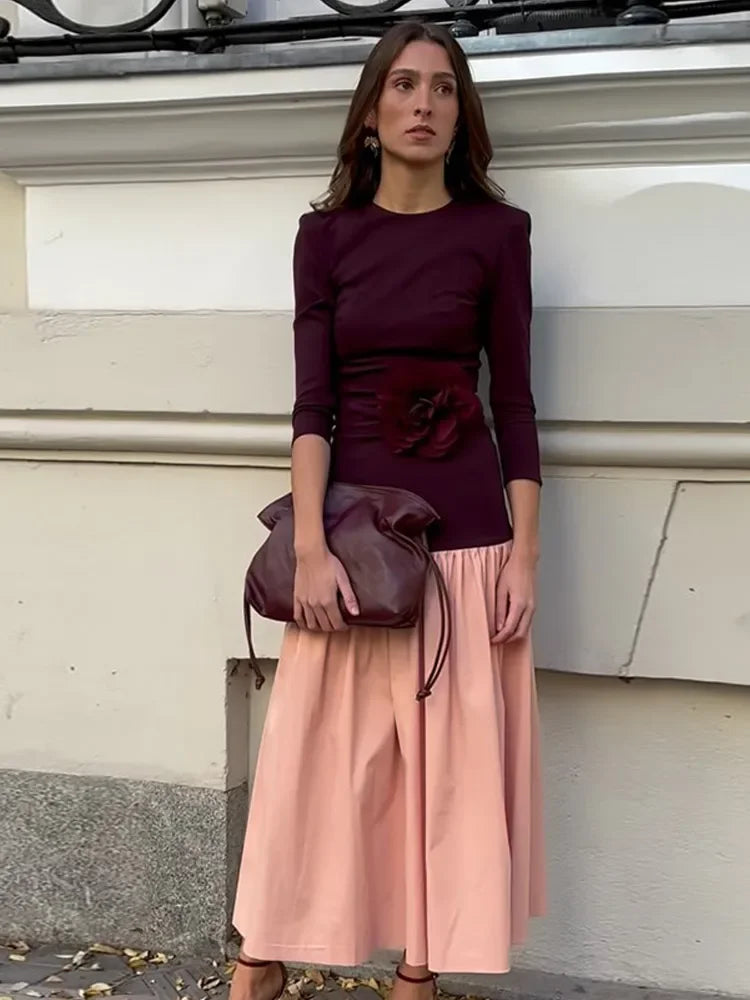 Elegant Round Neck Long Sleeve Slim Women's Robe Dress with Contrast Spliced Pleated Hem - Formal Evening Gown for Parties, Weddings & Special Occasions