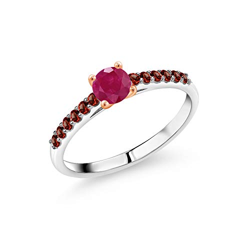 0.79Ct Natural Red Ruby & Garnet Sterling Silver Ring with 10K Rose Gold Prongs - 5mm Round Gemstone Jewelry for Women, Gift for Anniversary, Valentine's Day & Special Occasions