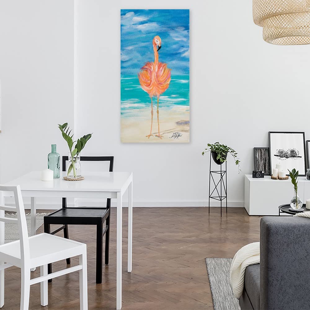 Flamingo Wall Art Canvas - 21x40 Inch Hand Painted Bird Painting by Julie DeRice - Tropical Home Decor for Living Room, Bedroom & Office
