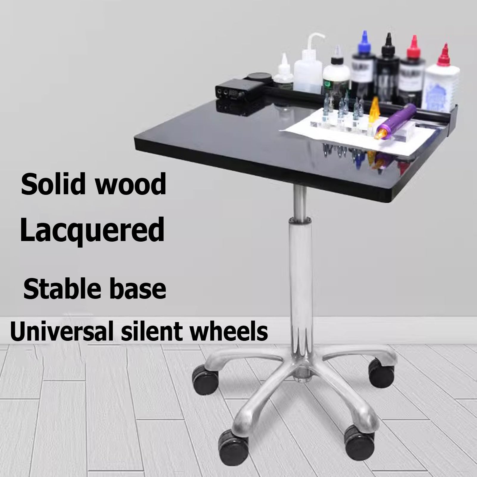 Adjustable Tattoo Workstation with Aluminum Alloy Lift - Removable Tattoo Stand with Universal Wheels (50x41x62-82cm, Black) - Perfect for Professional Tattoo Artists & Home Studios