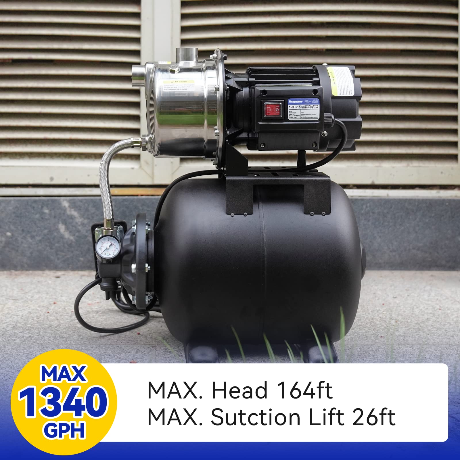 **Acquaer 1.6 HP Shallow Well Pump with Pressure Tank - Stainless Steel, 1320 GPH, 115V - Automatic Water Booster Jet Pump for Home, Garden, Lawn, and Irrigation Systems**    *(Optimized for SEO with keywords: shallow well pump, pressure tank, stainless steel, irrigation pump, water booster jet pump, home, garden, lawn, 1.6 HP, 1320 GPH, 115V)*    **Use Cases:** Ideal for residential water supply, garden irrigation, lawn sprinklers, and small farm applications.