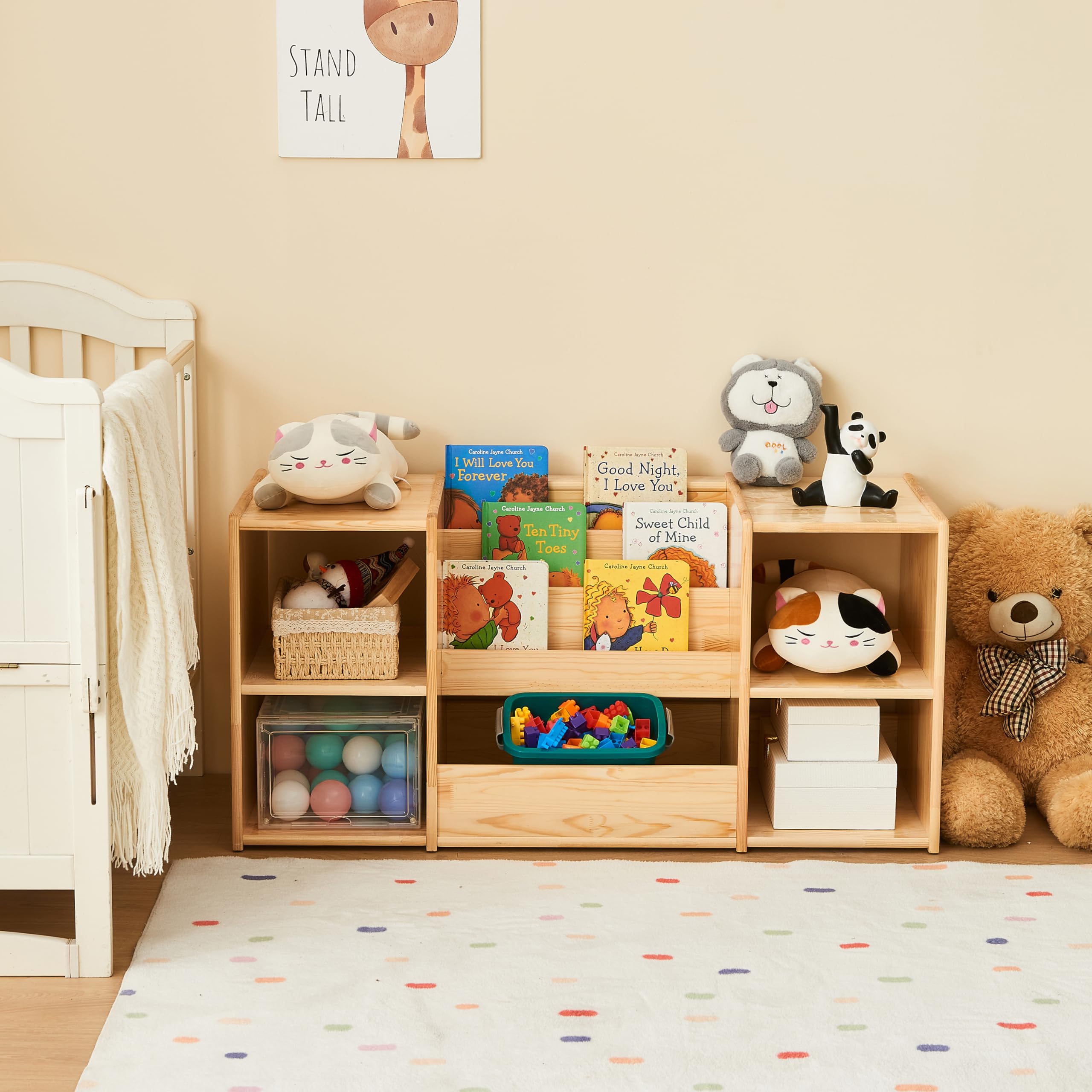 Montessori Bookshelf and Toy Storage Organizer - 3-Section Kids Bookcase with 2 Shelves, Natural Wood Toy Cabinet for Nursery & Playroom - Perfect for Organizing Children's Books, Toys, and Learning Materials