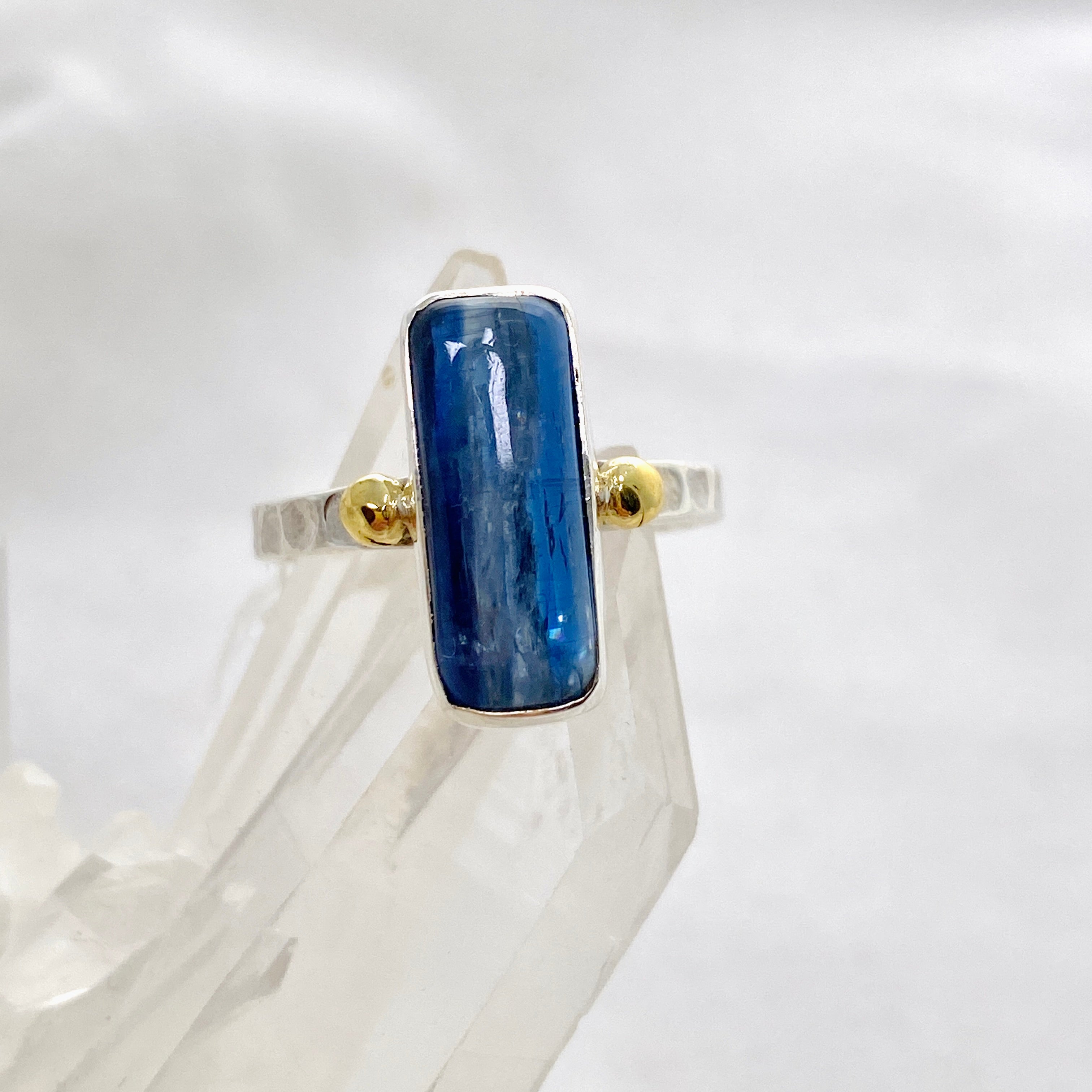 Blue Kyanite Rectangular Cabochon Ring with Brass Accents - Size 8 - Handmade Boho Jewelry for Women - Perfect for Meditation, Spiritual Healing & Everyday Wear KRGJ3279