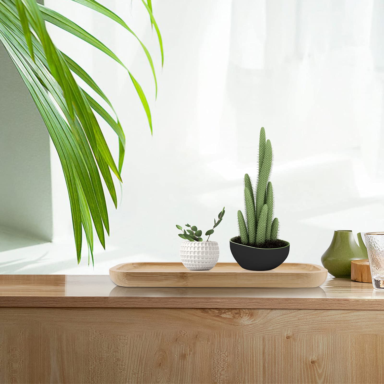 2 PCS 5x12 Inch Rectangle Bamboo Saucer Tray - Natural Wood Plant Drainage Tray for Succulent Pots, Cactus Planters - Perfect for Home Decor, Kitchen Organization & Indoor Gardening