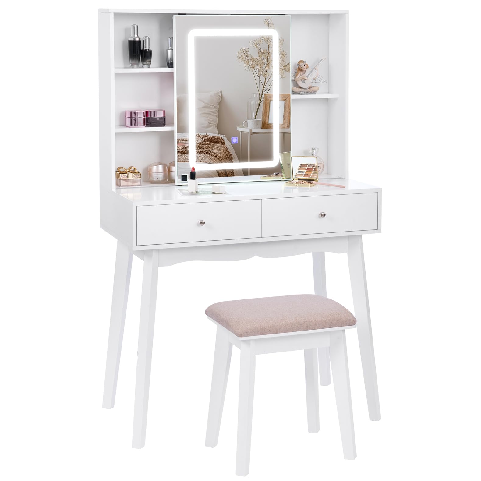 BEWISHOME Small Vanity Desk with Mirror and LED Lights - White Makeup Vanity Set with 3 Color Lighting, Storage Cabinet & 2 Drawers - Perfect Dressing Table for Girls Bedroom, Home Decor & Beauty Routine
