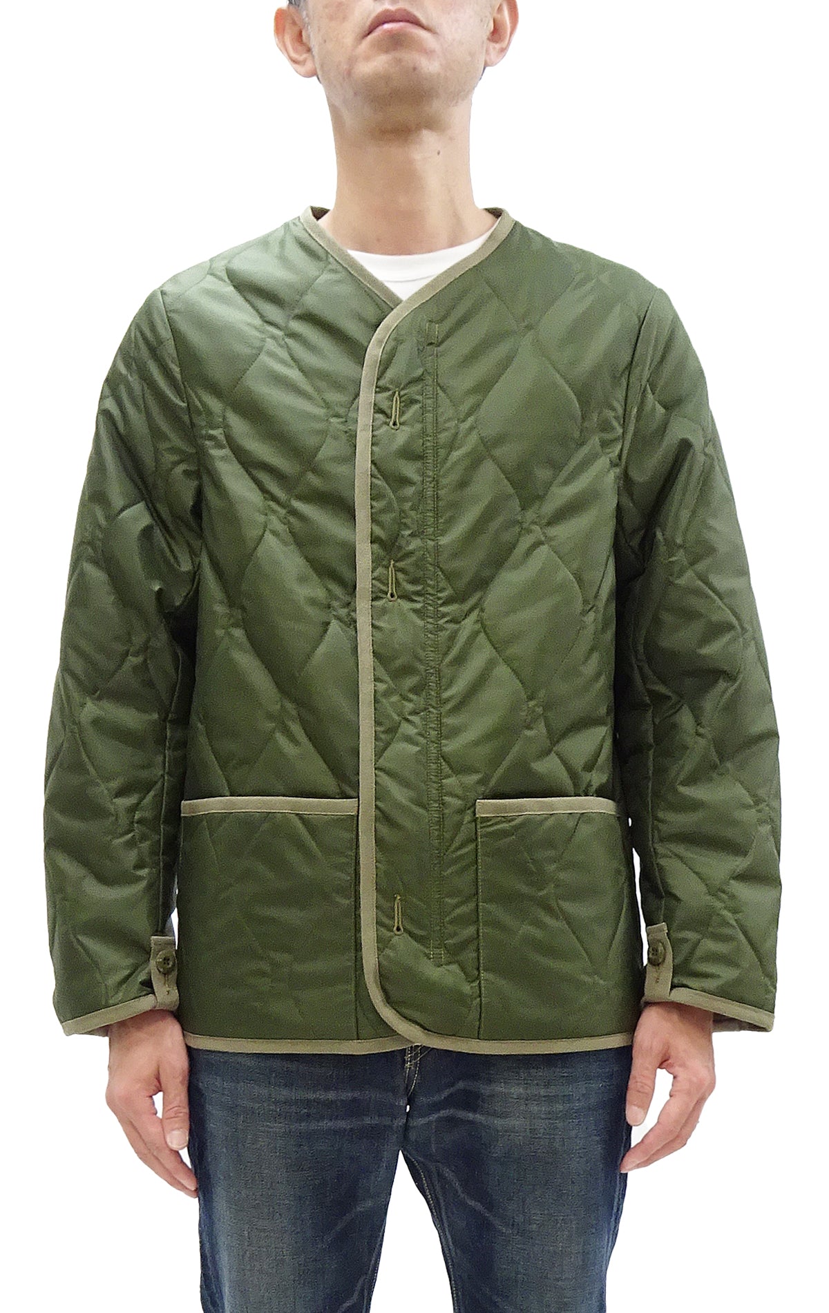 Buzz Rickson Men's Collarless Nylon Quilted Jacket - Updated M-65 Field Jacket Liner Inspired Design (BR14863, Olive) | Military Style Outerwear for Casual Wear & Outdoor Activities