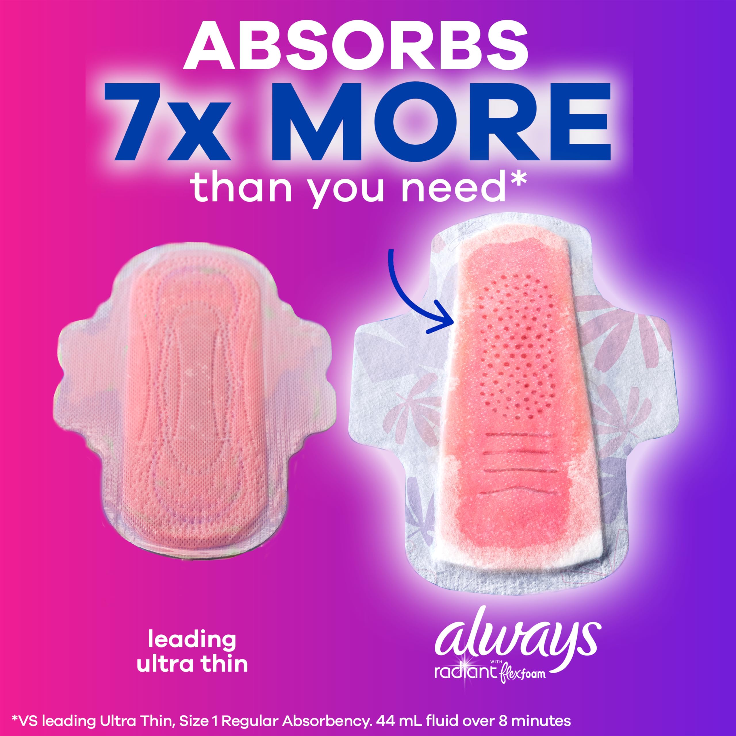 Always Radiant Feminine Pads for Women - Flexfoam with Wings, Size 1 Regular Absorbency, Lightly Scented, Leakproof Protection (42 Count) - Perfect for Daily Use, Workouts & Overnight Protection