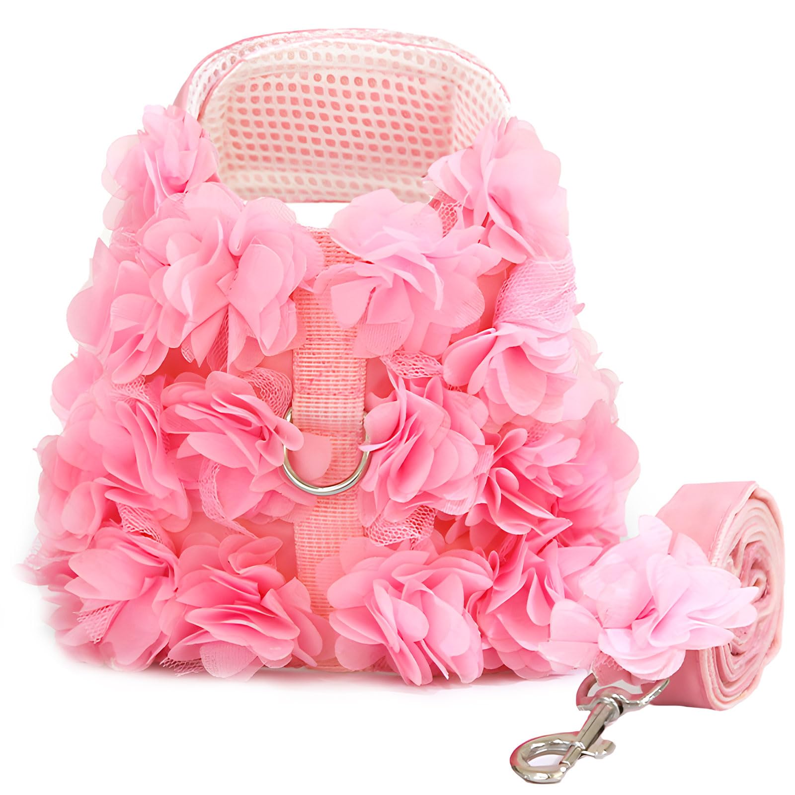Pink Lace Floral Small Dog Harness and Leash Set - Soft Mesh Escape Proof Vest for Puppies & Cats - Cute Pet Outfit for Walking, Training & Outdoor Adventures