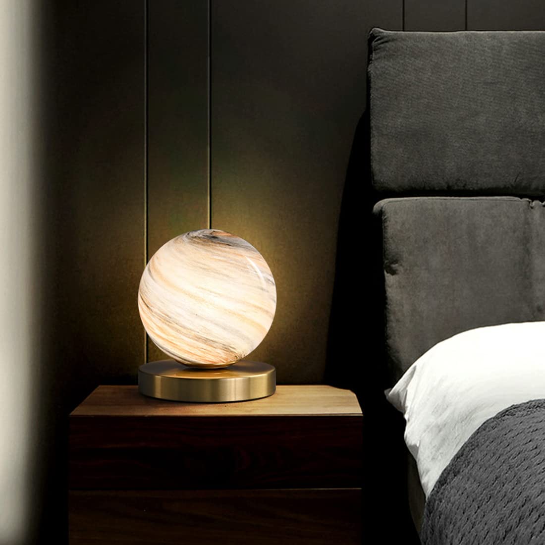 Gold Handblown Glass Globe Table Lamp - Bedside Reading Lamp for Bedroom, Office & Library - Plug-in Desk Light with Moon Shade (Perfect for Nightstands, Workspaces & Cozy Reading Nooks)