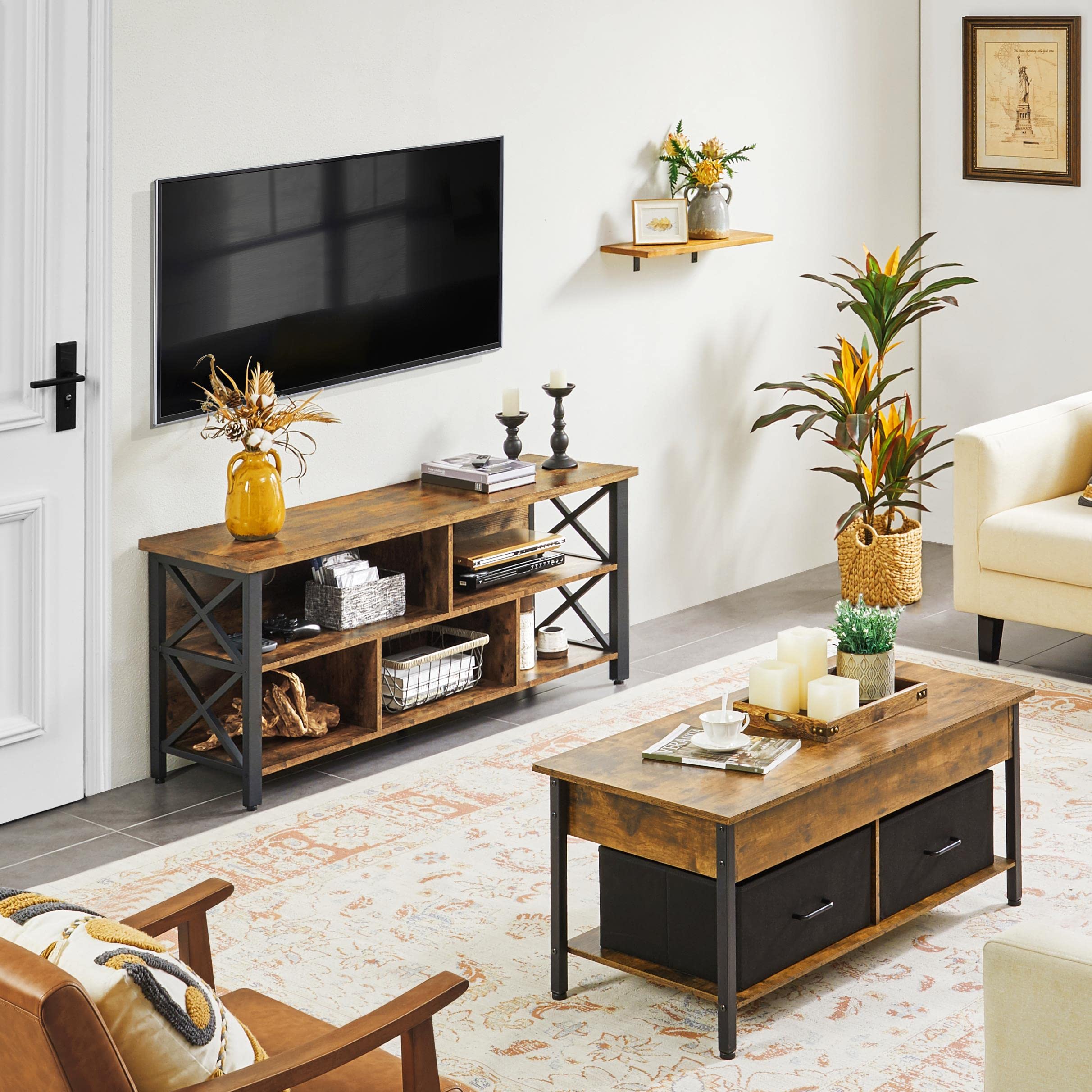 Yaheetech 65 Inch TV Stand with Storage Cabinets - Industrial Rustic Brown Wood & Metal Entertainment Center for Living Room - Perfect for Home Theater & Modern Farmhouse Decor