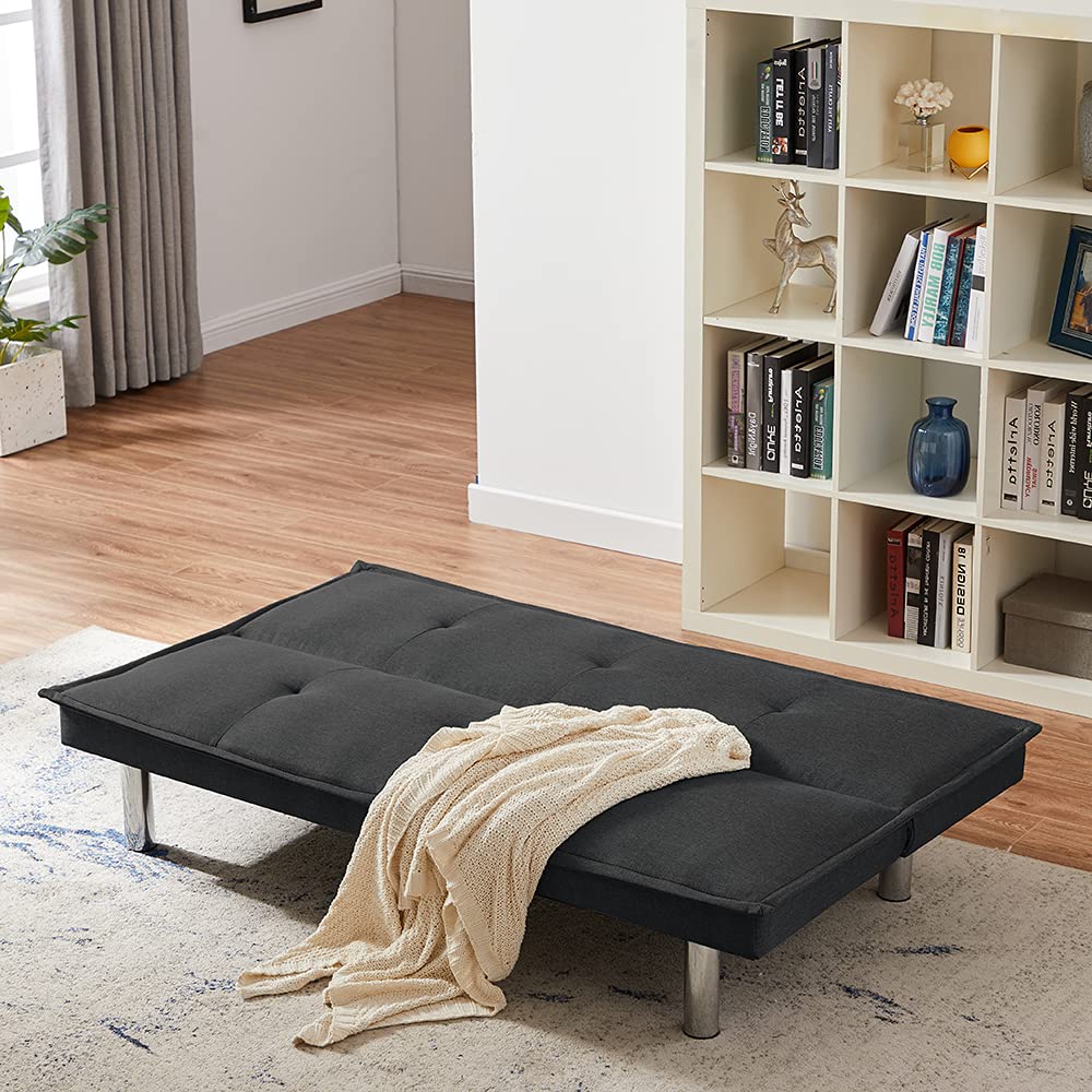 Black Fabric Convertible Sofa Bed - Foldable Futon Sleeper for Living Room & Guest Room | Perfect for Small Spaces, Apartments & Overnight Guests
