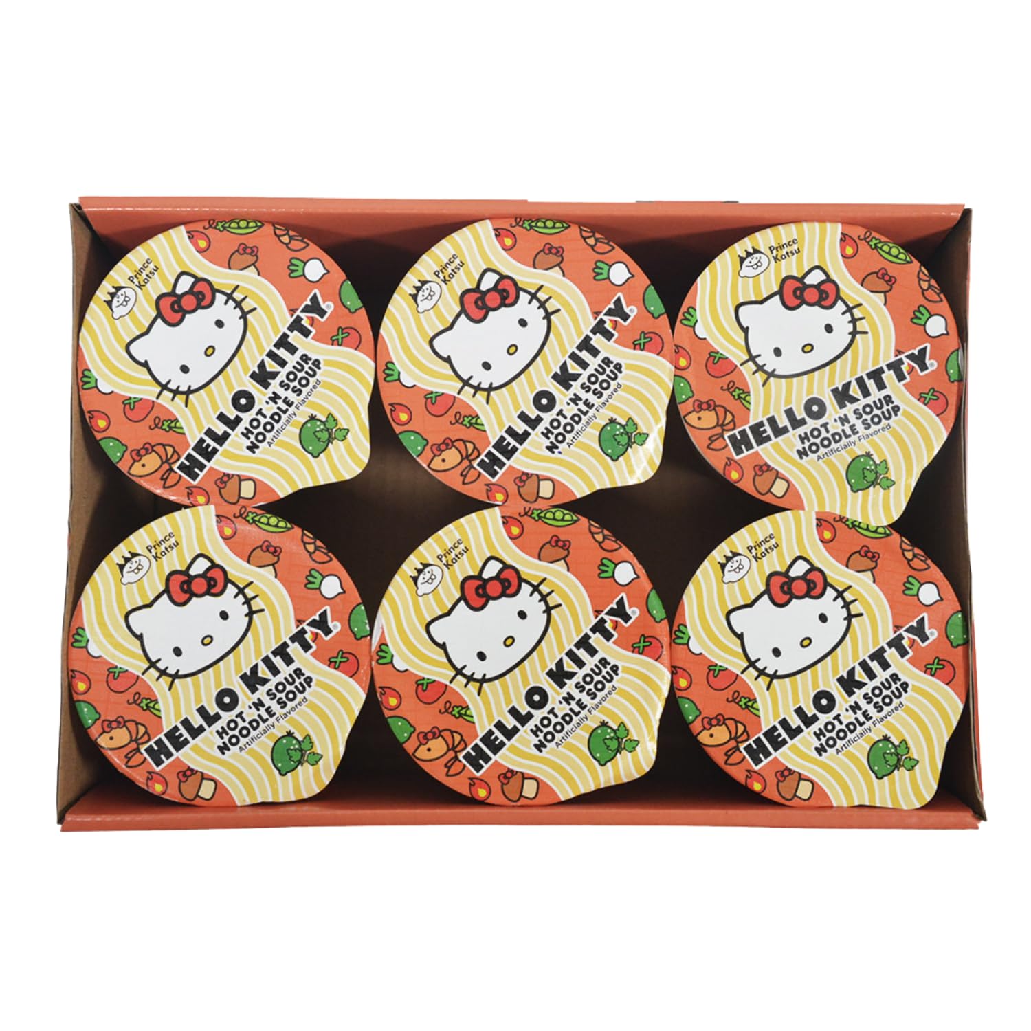 Hello Kitty Instant Ramen Noodle Cup 6 Pack - Hot & Sour Flavor Microwaveable Ramen Soup | Asian Snacks for Kids Lunch, Office Break & Quick Meals | Cute Kawaii Gift for Anime Fans