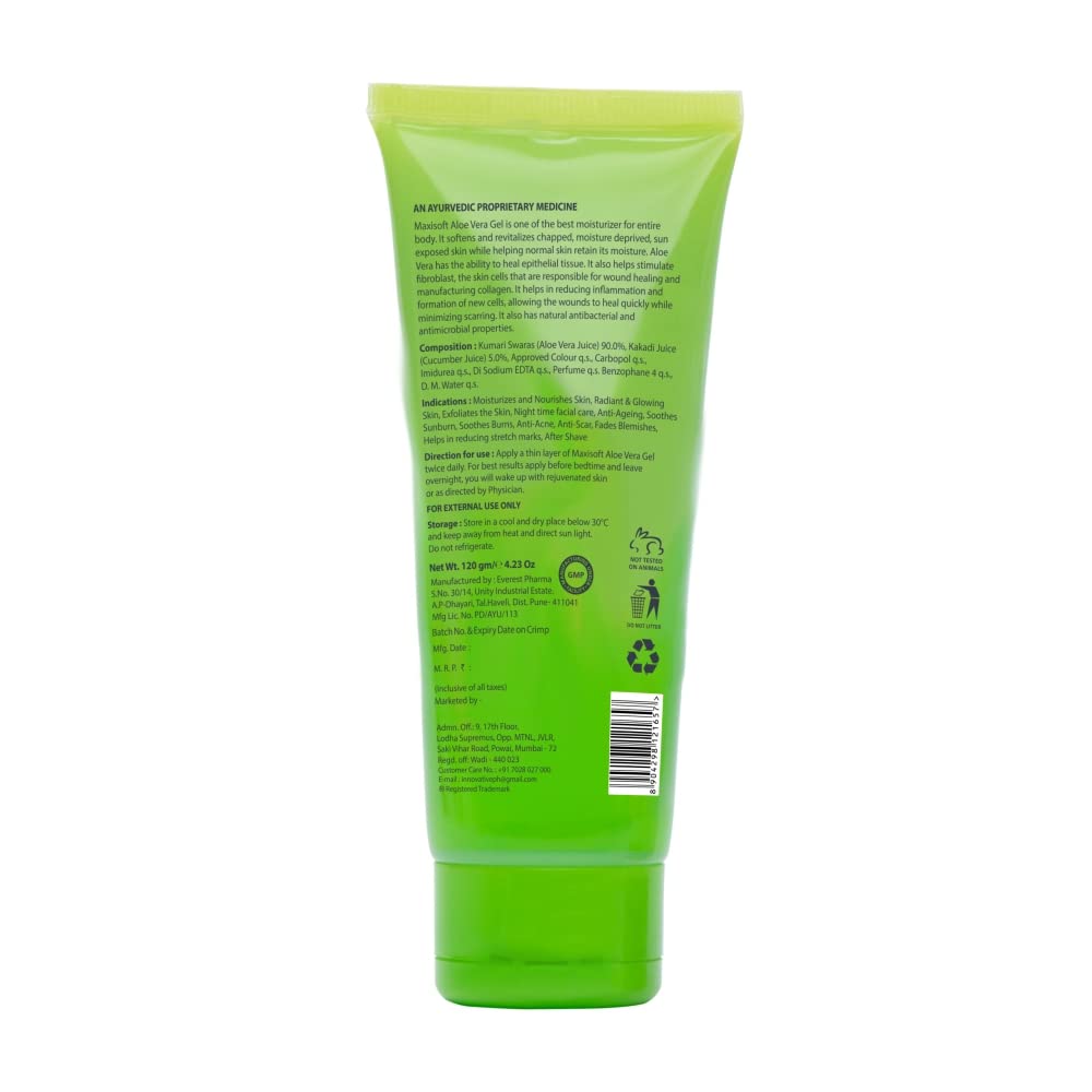 Maxisoft Aloe Vera & Cucumber Gel for Face & Body - Cooling Moisturizer to Soothe Dry, Irritated Skin - Lightweight Non-Sticky Formula for Daily Skincare & Haircare - 120g (Pack of 1) | Perfect for Sunburn Relief, After-Sun Care & Summer Hydration