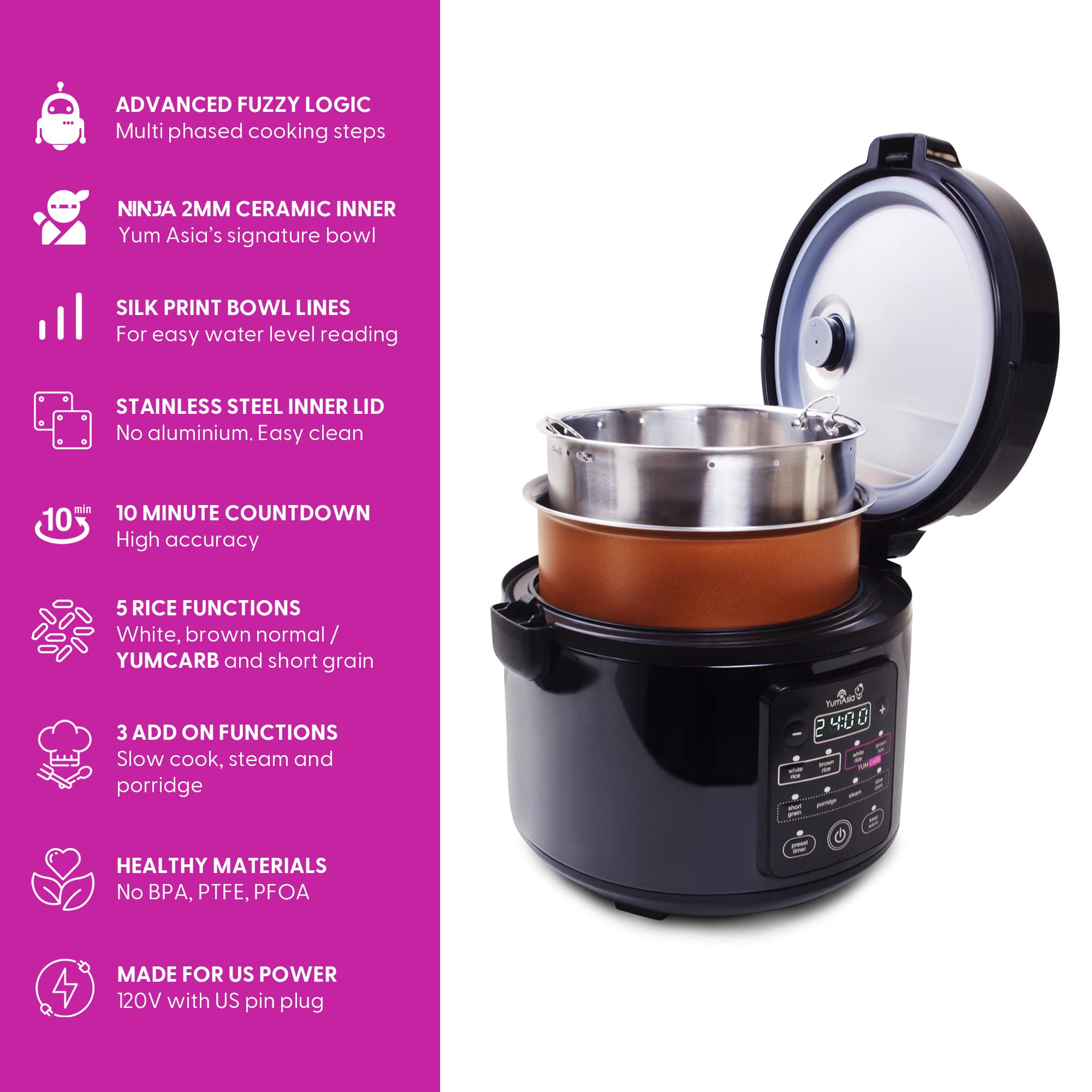 Yum Asia Kumo YumCarb 5.5 Cup (1 Liter) Rice Cooker with Ceramic Bowl - Fuzzy Logic Technology, 5 Rice Cooking & 3 Multicooker Functions, 110V US Plug (Dark Stainless Steel) - Perfect for Home Kitchens, Dorm Rooms & Small Families