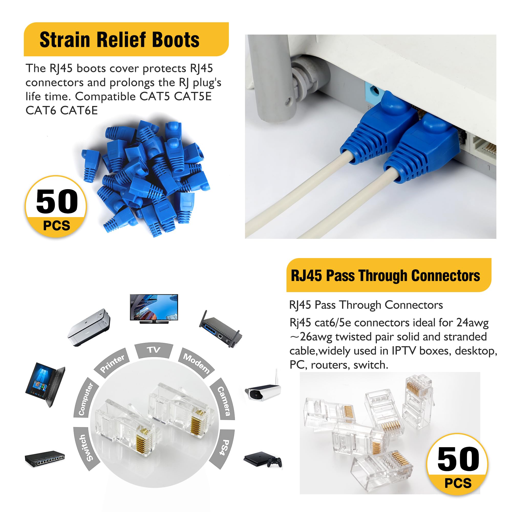 Premium RJ45 Crimping Tool Kit - Ethernet Pass Through Crimper for Cat5 Cat6 Cat7 Cables | Includes Cable Tester, Mini Stripper, Blades, 50 Connectors & Strain Relief Boots | Ideal for Network Installation, Repair & DIY Home Office Setup