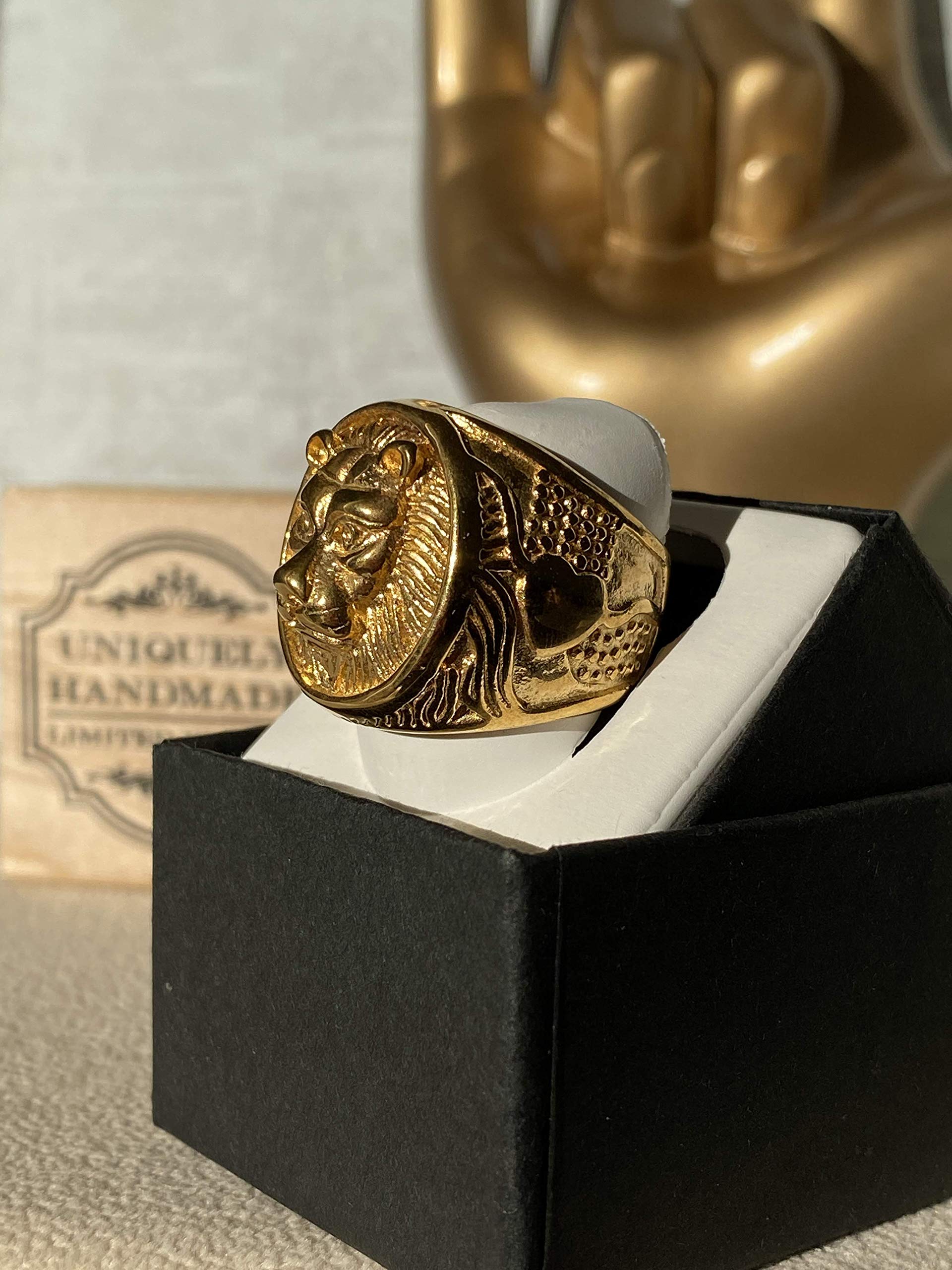 14K Solid Gold Lion Head Pinkie Ring for Men - Vintage Retro Mythology Lion King Design, Wedding Band, Promise Ring, Engagement Jewelry - Perfect Gift for Him, Anniversary & Special Occasions
