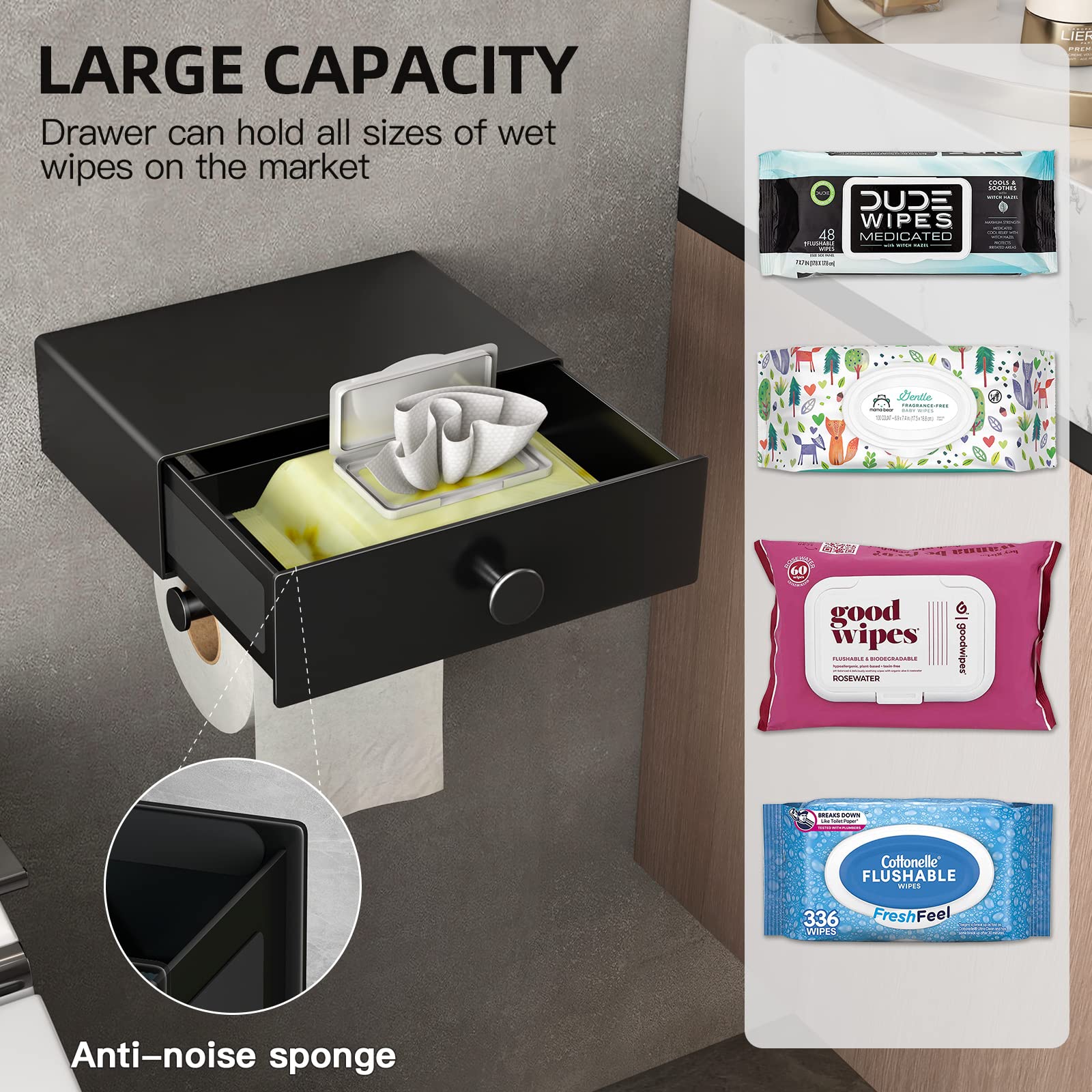 VOLDRA Black Wall Mount Toilet Paper Holder with Shelf & Wipes Dispenser - Space Saving Bathroom Storage Organizer with Upgrade Drawer Design, Adhesive Mount for Small Bathrooms (Perfect for Compact Bathrooms, RVs & Apartments)