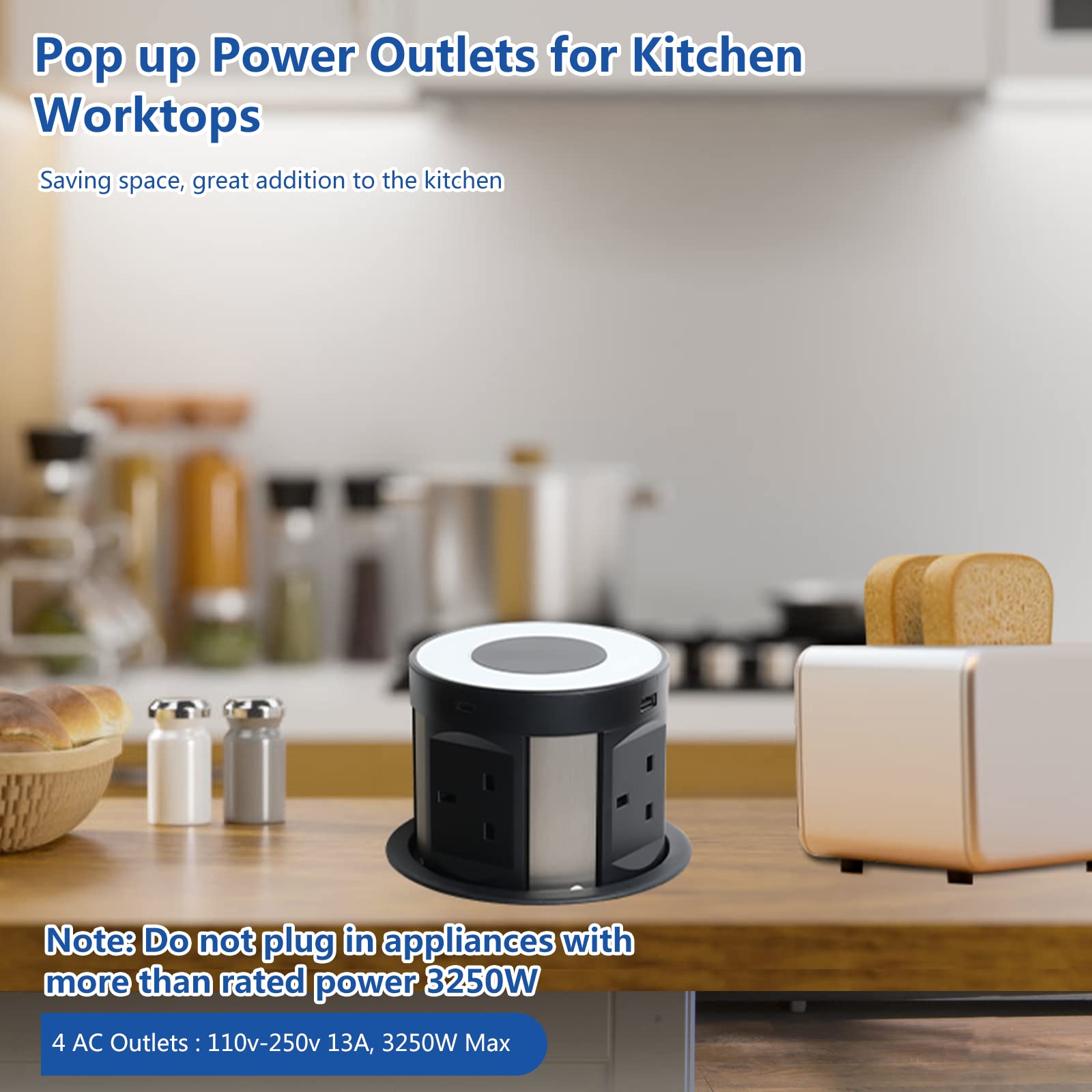 Automatic Pop Up Power Socket - 13A 4 Gang Outlet with 2 USB C & 2 USB A Ports + QI Wireless Charger - 3m Extension Cable for Kitchen Countertops, Office Desks & Workstations (Black) | Perfect for Home, Office & Commercial Spaces