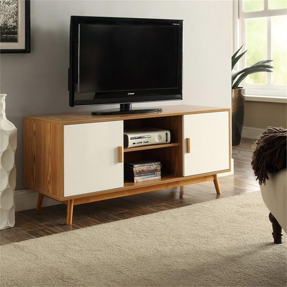 Allora Mid-Century Modern Wood TV Stand for 46 Inch Flat Screen TVs - White & Natural Finish - Perfect for Living Room, Bedroom & Home Theater Setup