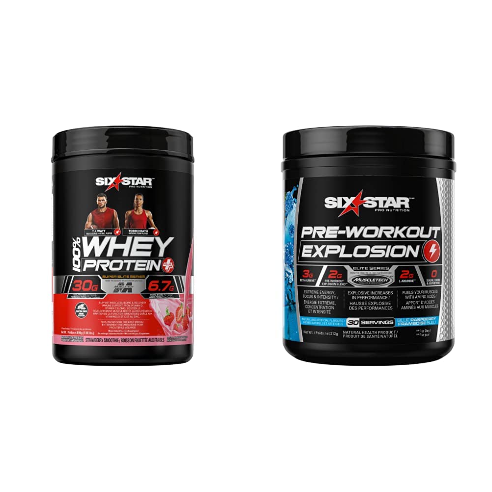 Six Star Whey Protein Powder 2 lbs & Pre Workout Explosion 212g (30 Servings) - Muscle Building & Recovery Supplement for Athletes & Gym Enthusiasts