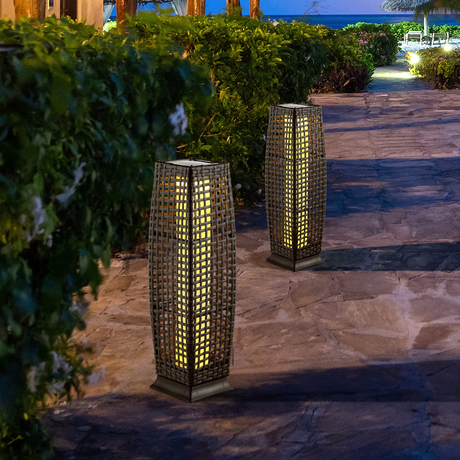 Tangkula 2-Piece Solar Powered Outdoor Floor Lamps - IP65 Waterproof Wicker LED Lanterns with Auto On/Off for Garden, Patio, Porch, Deck & Pathway Lighting (Cross-Mix Brown) | Weather-Resistant Decorative Lighting for Backyard, Poolside & Landscape