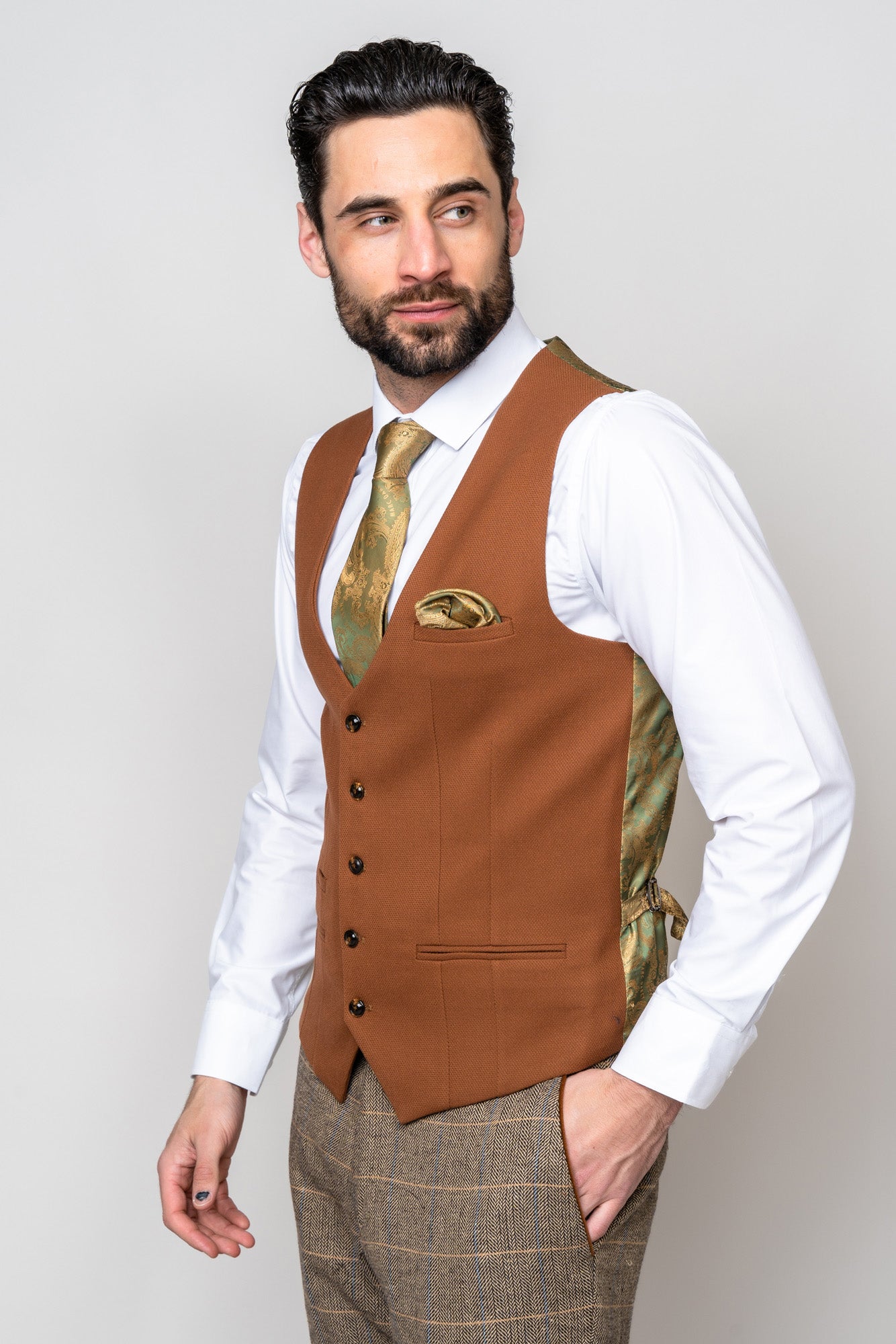 Stylish TED Tan Tweed Check Suit with Kelvin Tan Waistcoat - Perfect for Business Meetings, Weddings & Formal Events