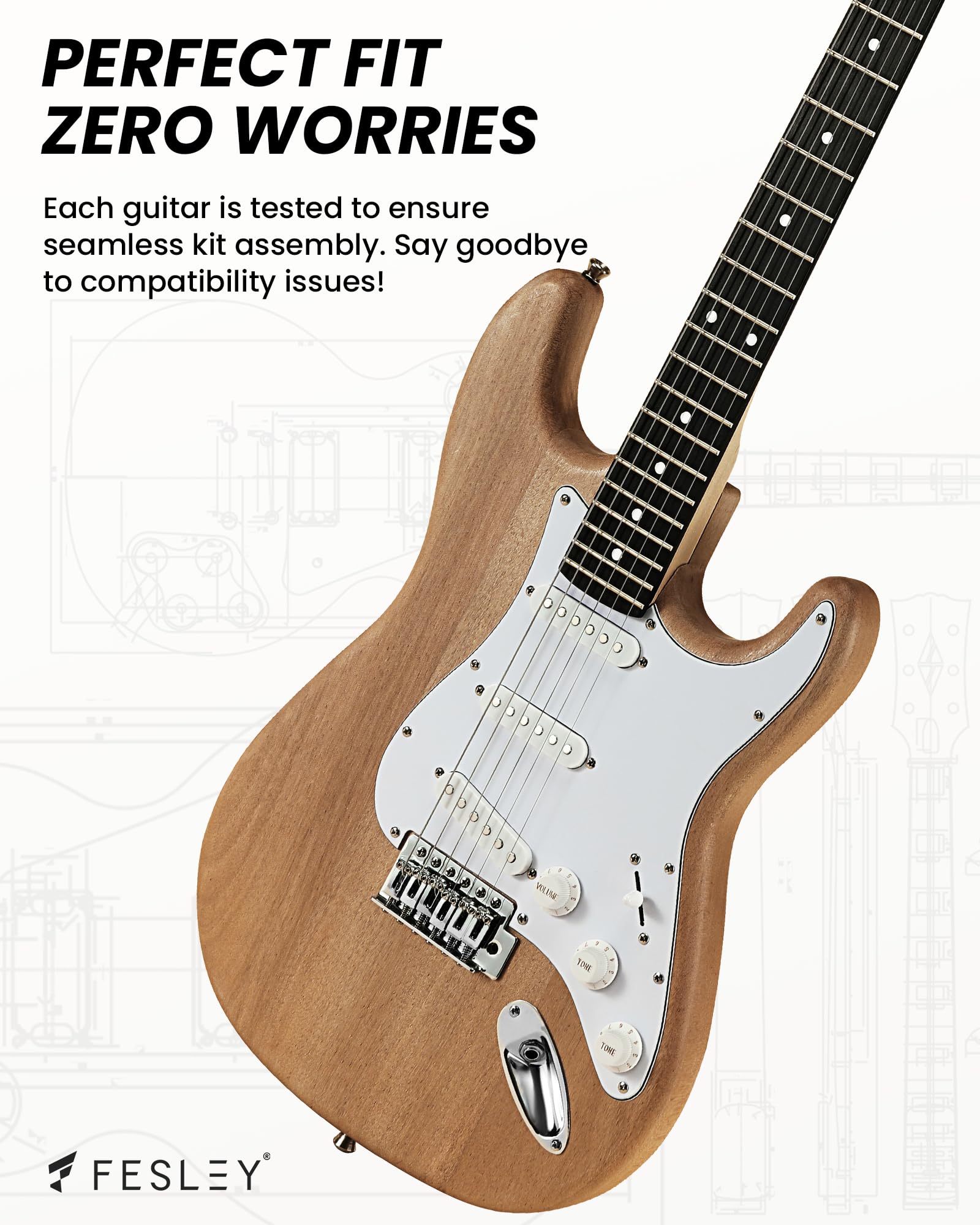 Fesley DIY Electric Guitar Kit - Mahogany Body & Maple Neck, 6-String ST Style Guitar with Techwood Fretboard & SSS Pickups - Perfect for Beginners to Build Their Own Custom Guitar | Great for Home Practice, Music Lessons & Rock Performances