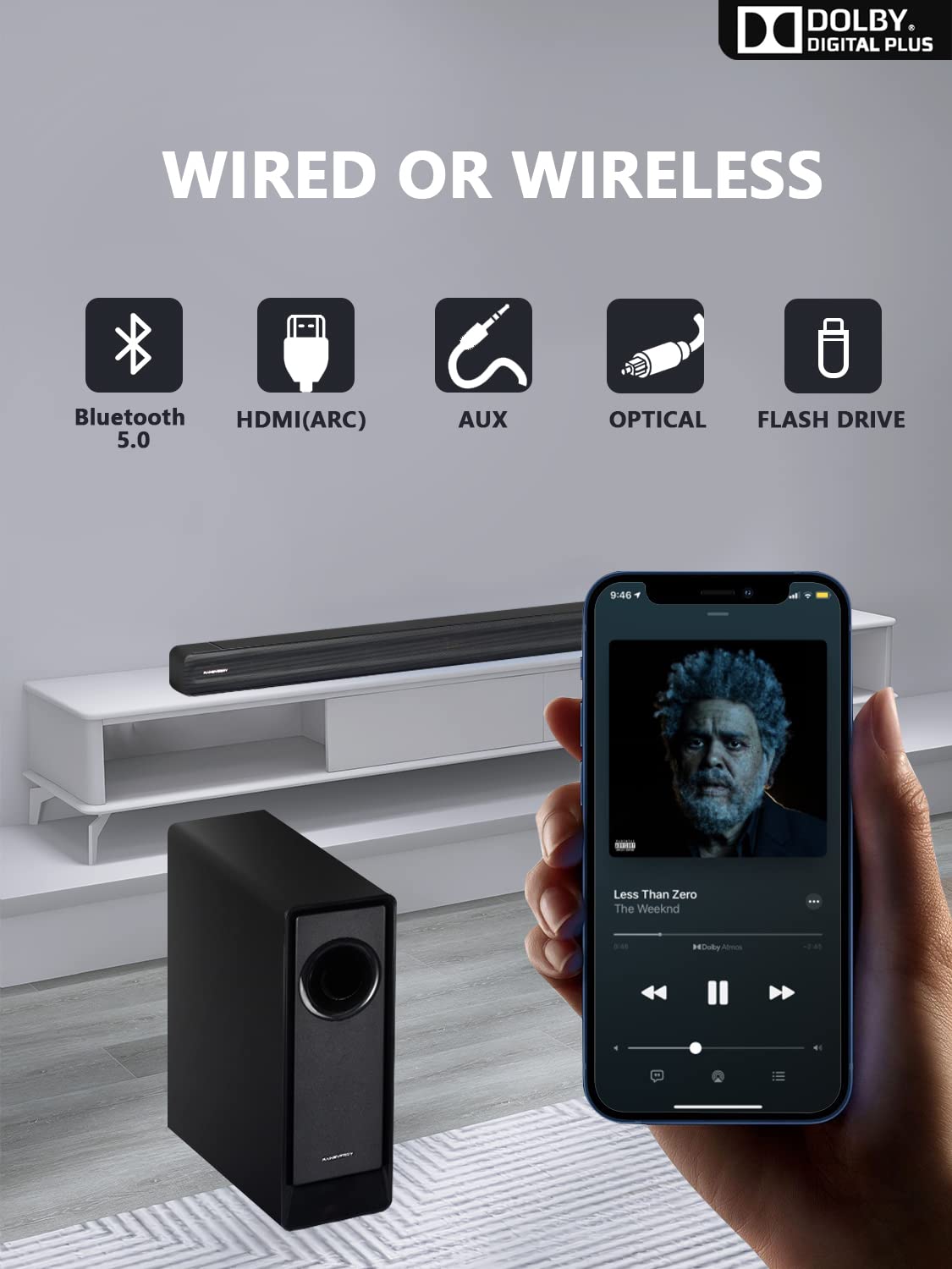 5.1 CH Surround Sound Bar with Dolby Audio & Wireless Subwoofer - Bluetooth 5.3 Soundbar for TV, Home Theater System with Rear Speakers | Dolby Digital Plus, 4K/HDTV Compatible via HDMI & Optical - Perfect for Movie Nights & Gaming Experience