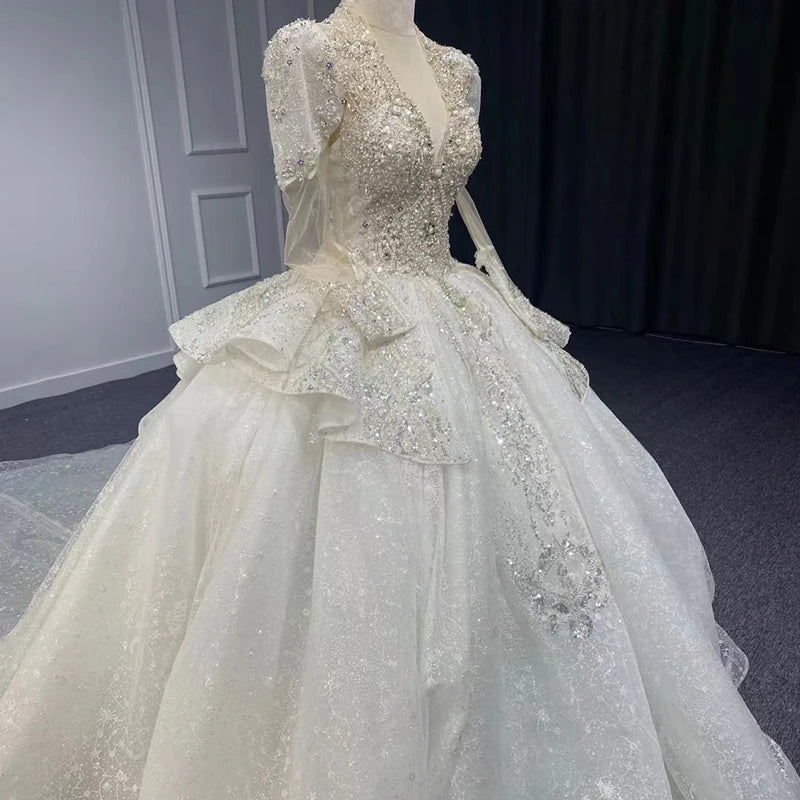 Elegant Women's Organza Ball Gown with Full Sleeves & Beaded Lace-Up Detail - Perfect for Prom, Evening Gala & Special Occasions