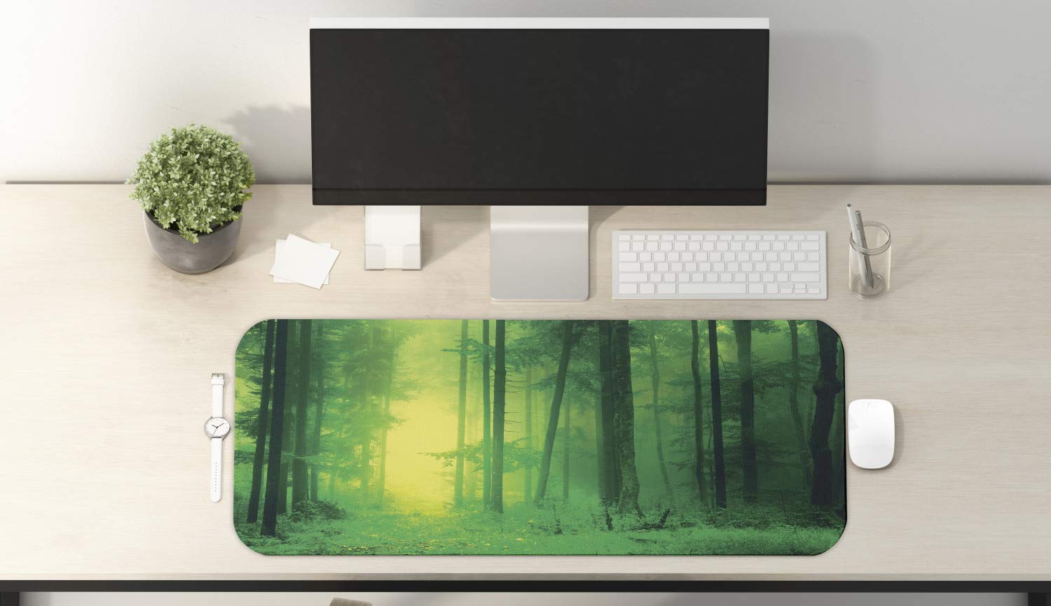 Ambesonne Mystic Computer Mouse Pad - Fantasy Spring Forest with Tall Trees Twilight Art Print, Non-Slip Rubber Base, Large Gaming Size 31
