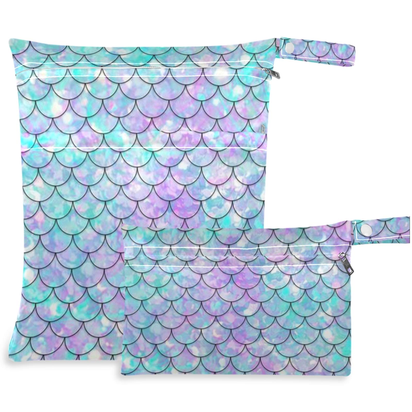 2Pcs Waterproof Wet Bags with Zipper Pockets - Reusable Washable Mermaid Scale Design for Swimsuits, Diapers & Gym Clothes - Perfect for Travel, Beach, Pool, Daycare & Stroller Organization - Keep Toiletries & Wet Items Secure
