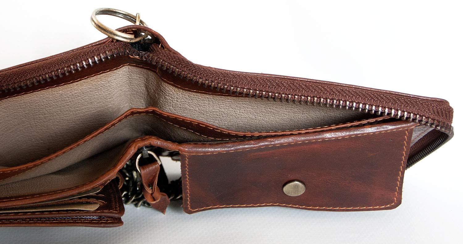 FLW Genuine Leather Zip-Around Wallet with Metal Chain & Shark Charm - Stylish & Durable Womens Wallet for Everyday Use, Travel, and Gift Giving