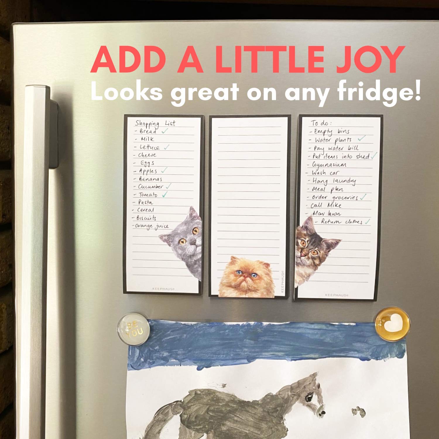 Curious Cats Magnetic To Do List Notepads (3 Pack) - Cute Fridge Memo Pads for Grocery Shopping, Reminders & Notes | 50 Sheets per Pad | Perfect for Kitchen Organization & Cat Lovers