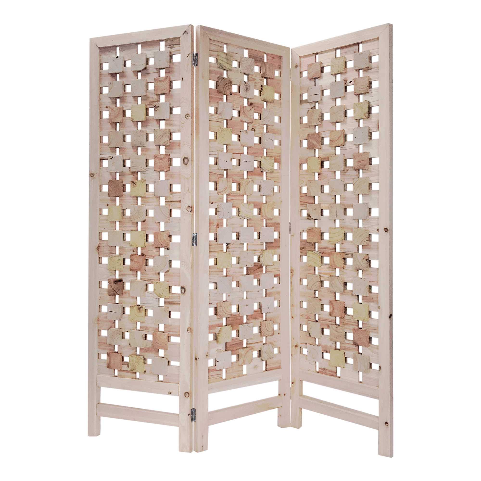 HomeRoots 3-Panel Pink Room Divider with Cut Square Wood Design - Privacy Screen for Bedroom, Office & Living Space