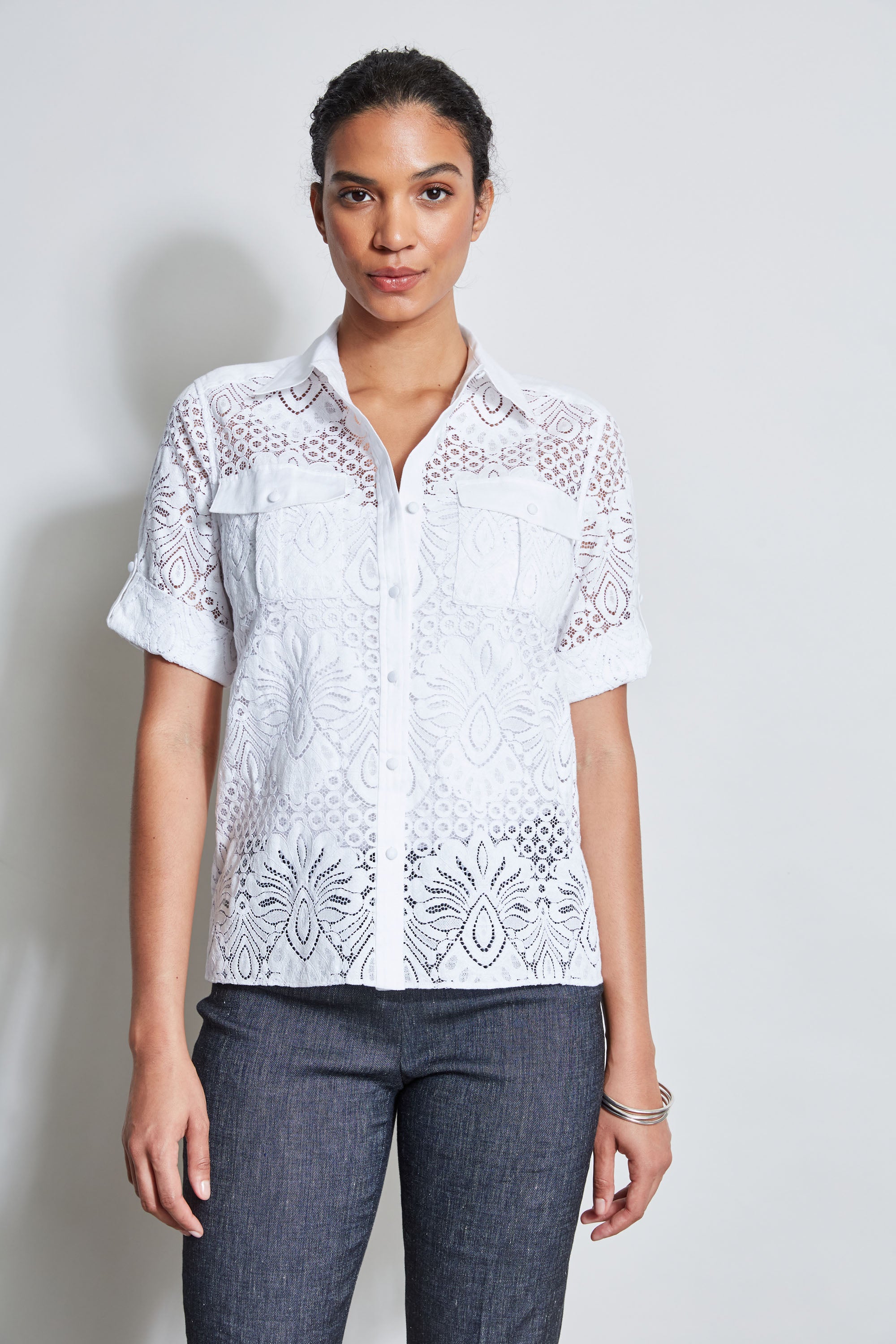 Stylish Short Sleeve Lace Utility Shirt for Women - Casual Summer Top for Outdoors, Work & Everyday Wear