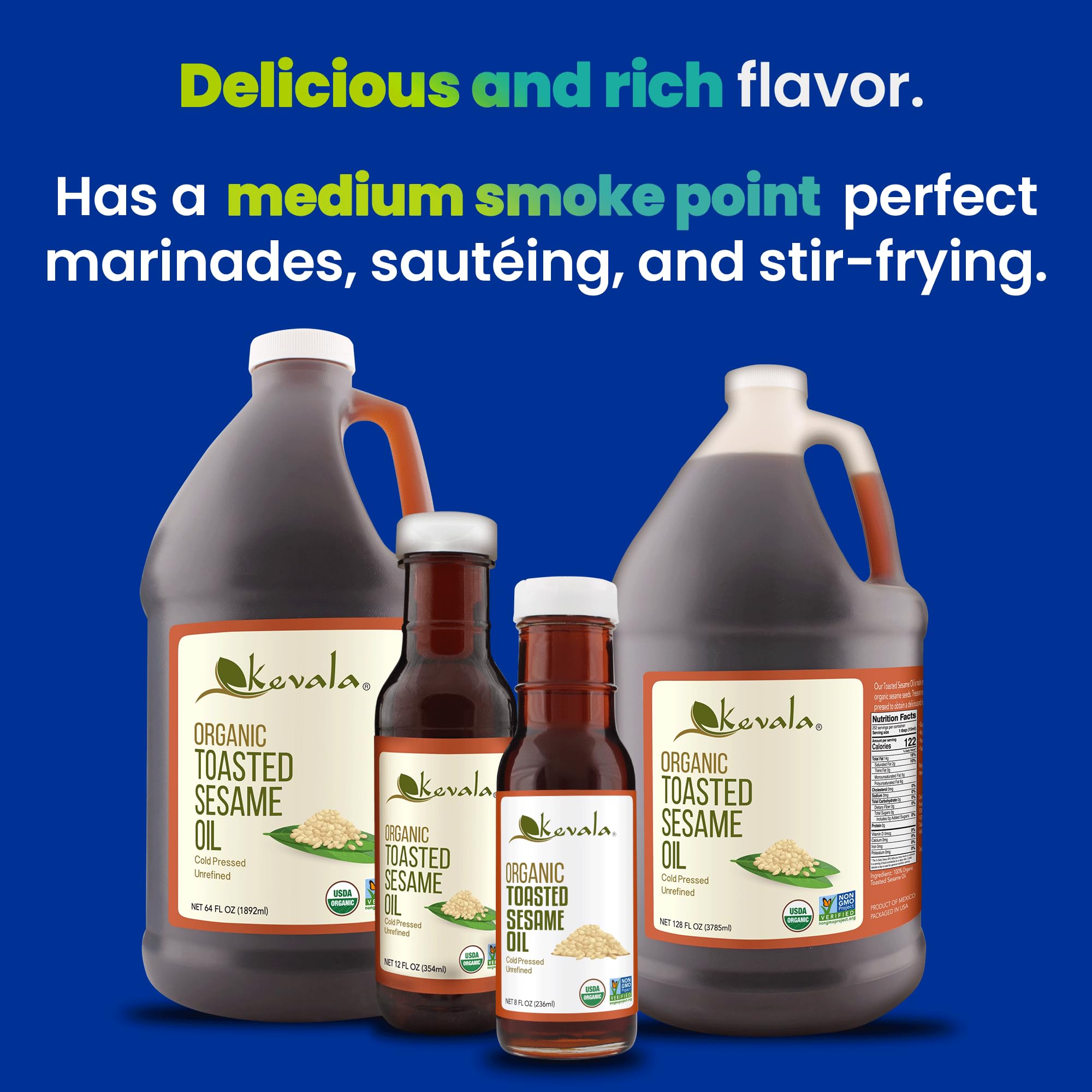 **Kevala Organic Toasted Sesame Oil – 8 oz (236 ml) – Pure, Unrefined, Gluten-Free – Perfect for Asian Cooking, Stir-Fry, Marinades & Salad Dressings**