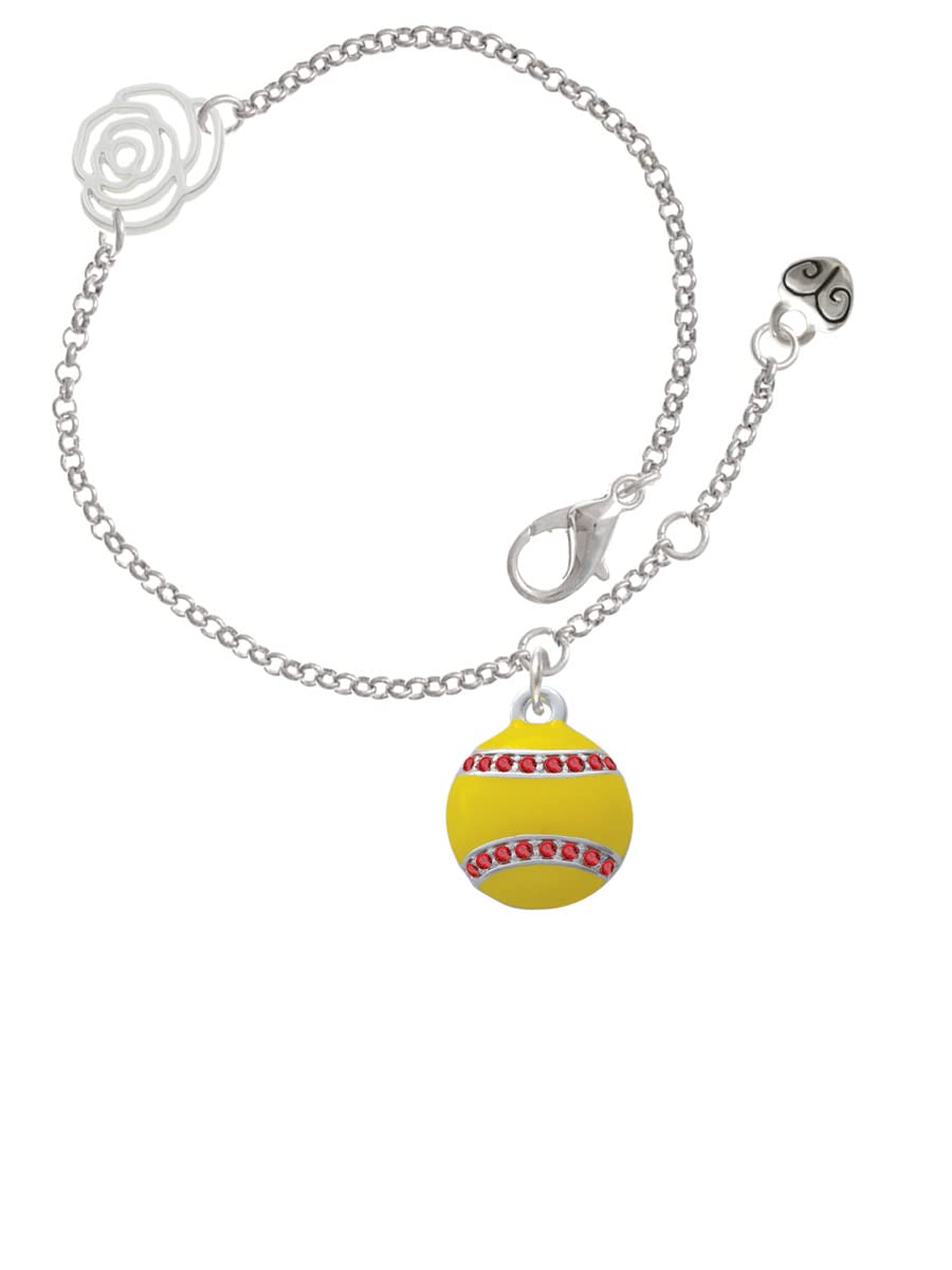 Delight Jewelry Silvertone Optic Yellow Softball Bracelet with Red Crystal Stitching - Adjustable Rose Link Charm Bracelet (6.25