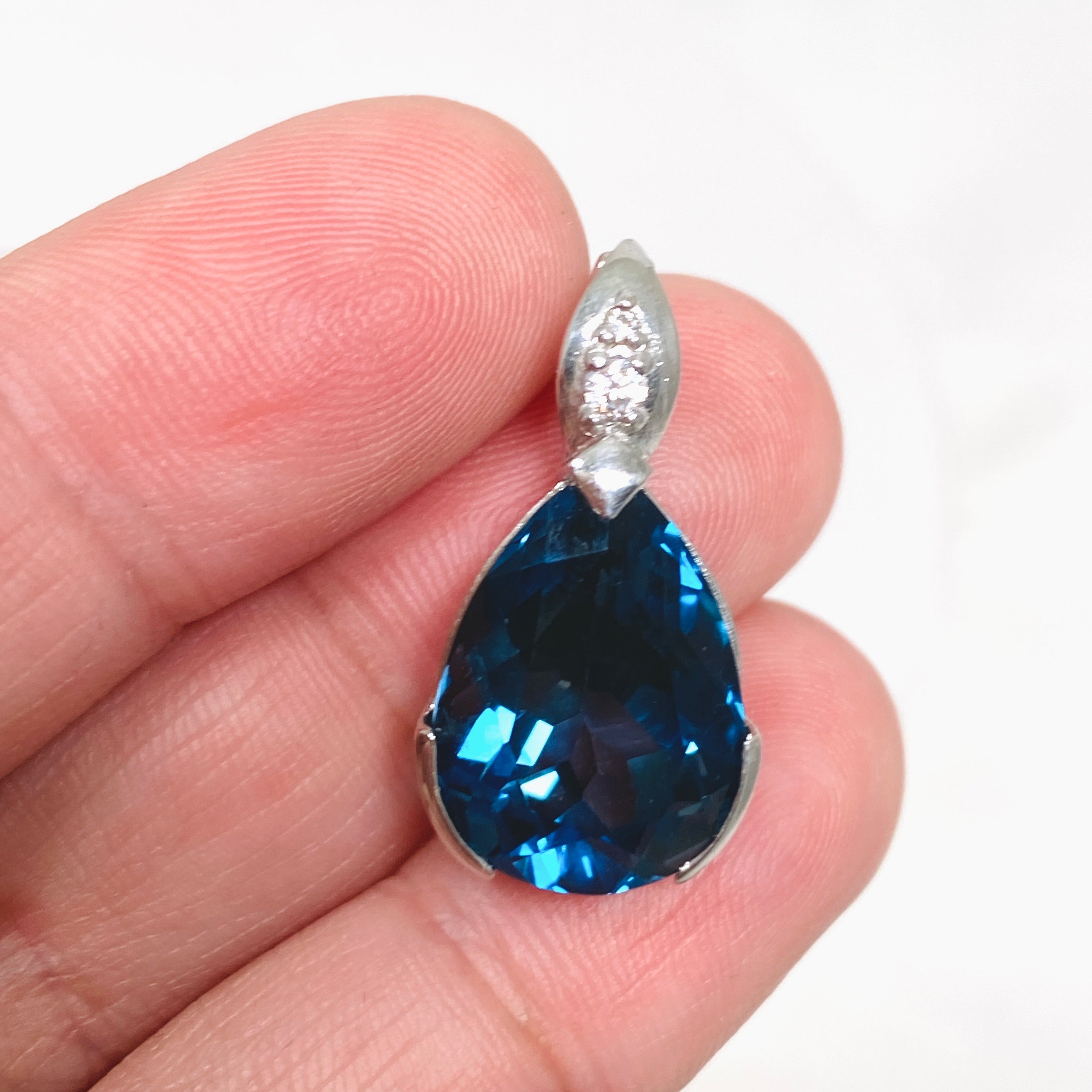 London Blue Topaz Teardrop Faceted Pendant Necklace with CZ Stones - Elegant Jewelry for Women, Perfect for Weddings, Parties & Special Occasions