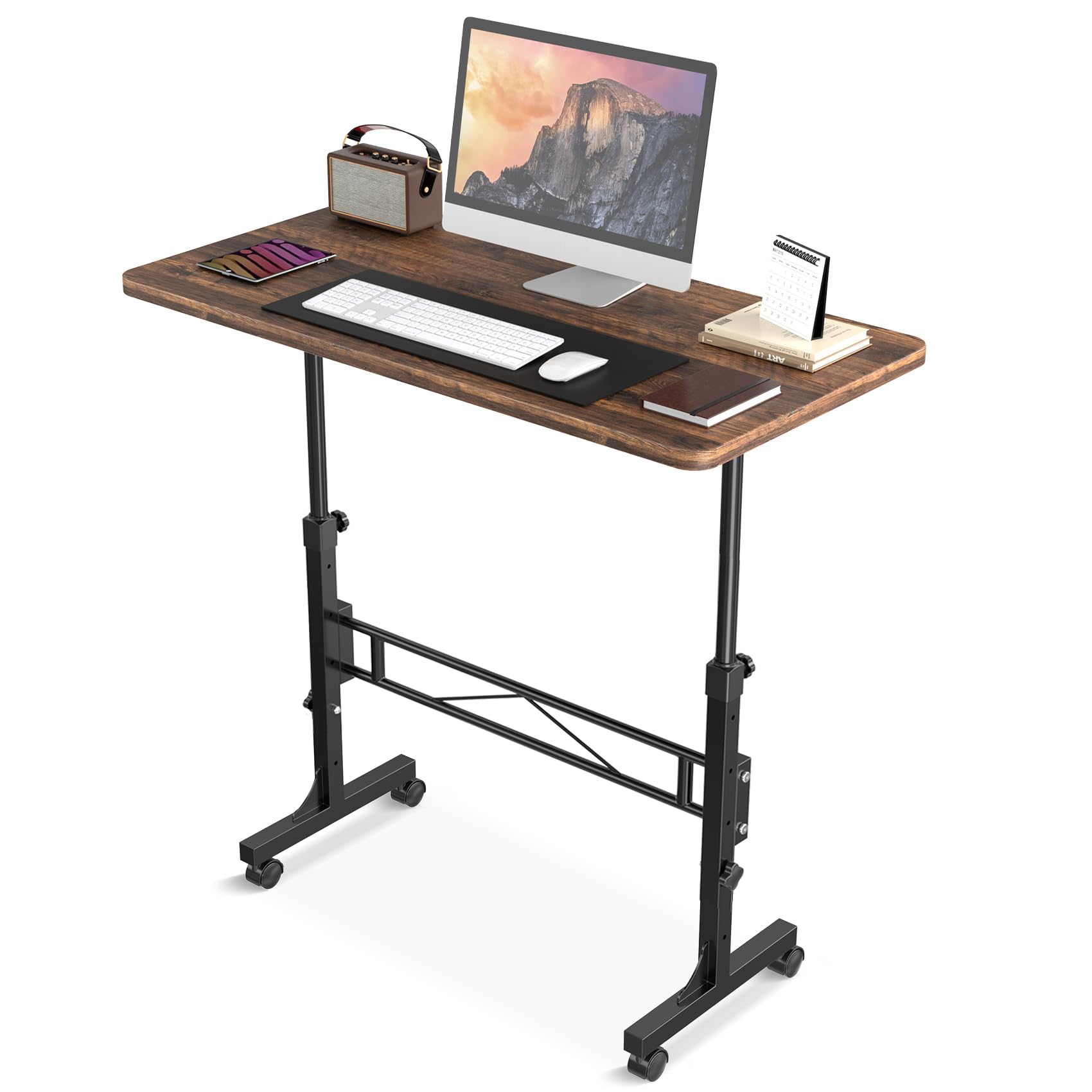 Adjustable Height Small Standing Desk with Wheels - 32 Inch Portable Mobile Stand Up Desk for Home Office, Walking Pad Treadmill & Workspace - Rustic Rolling Desk for Ergonomic Workstation
