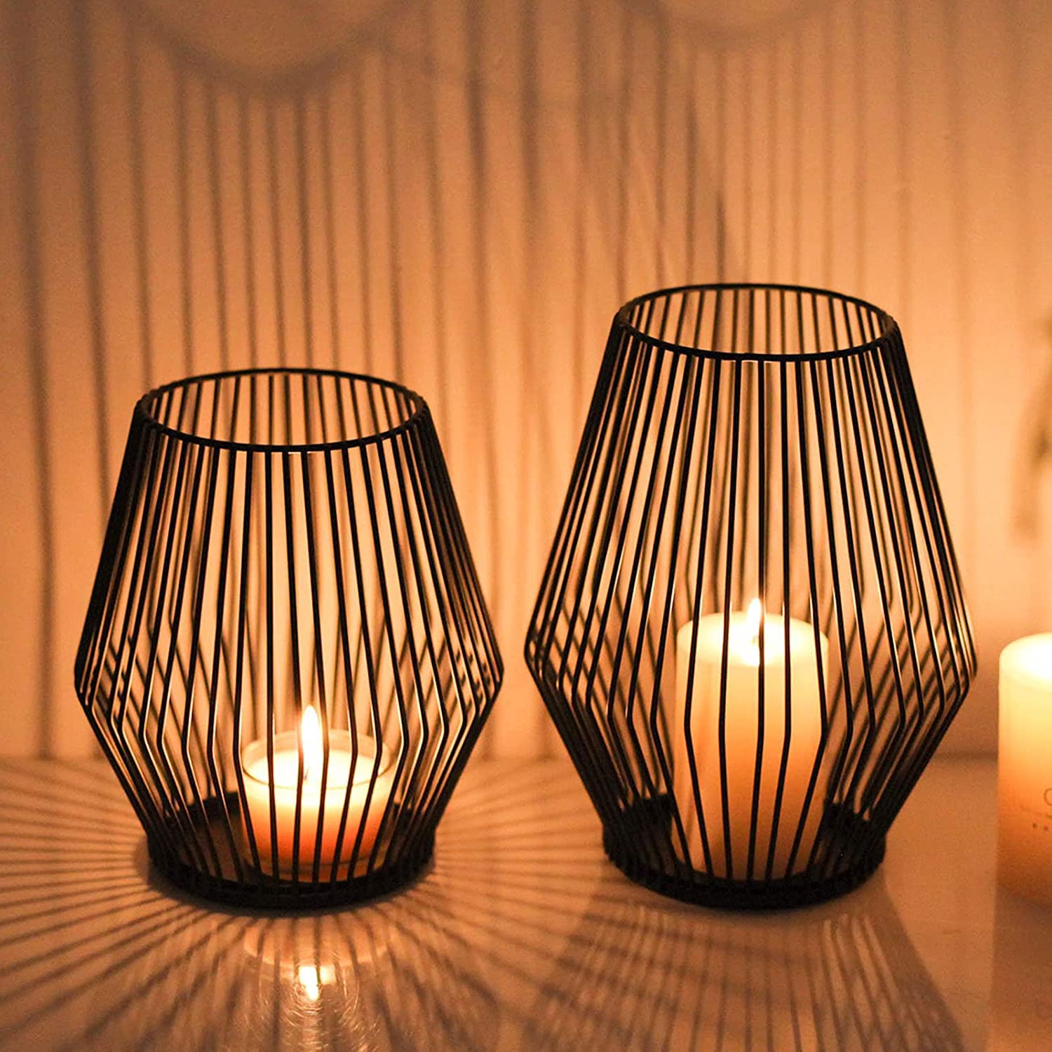 Vintage Matte Black Metal Wire Candle Holders Set of 2 - Decorative Candle Stand for Indoor/Outdoor Use, Wedding Centerpieces, Party & Home Decor - Perfect for Dining Tables, Fireplace Mantels and Garden Lighting