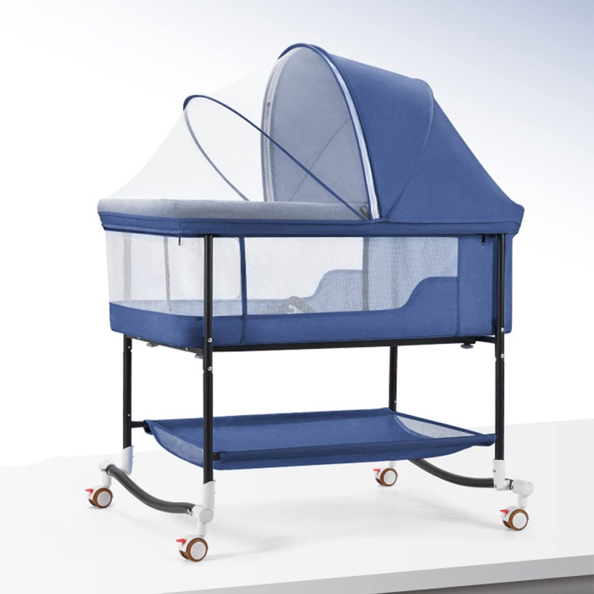 GENYS Adjustable Height Bedside Crib & Co-Sleeper for Babies 0-24 Months - Portable Rocker with Wheels, Mosquito Net & Breathable Mesh - Perfect for Nursery, Bedroom & Travel (Blue)