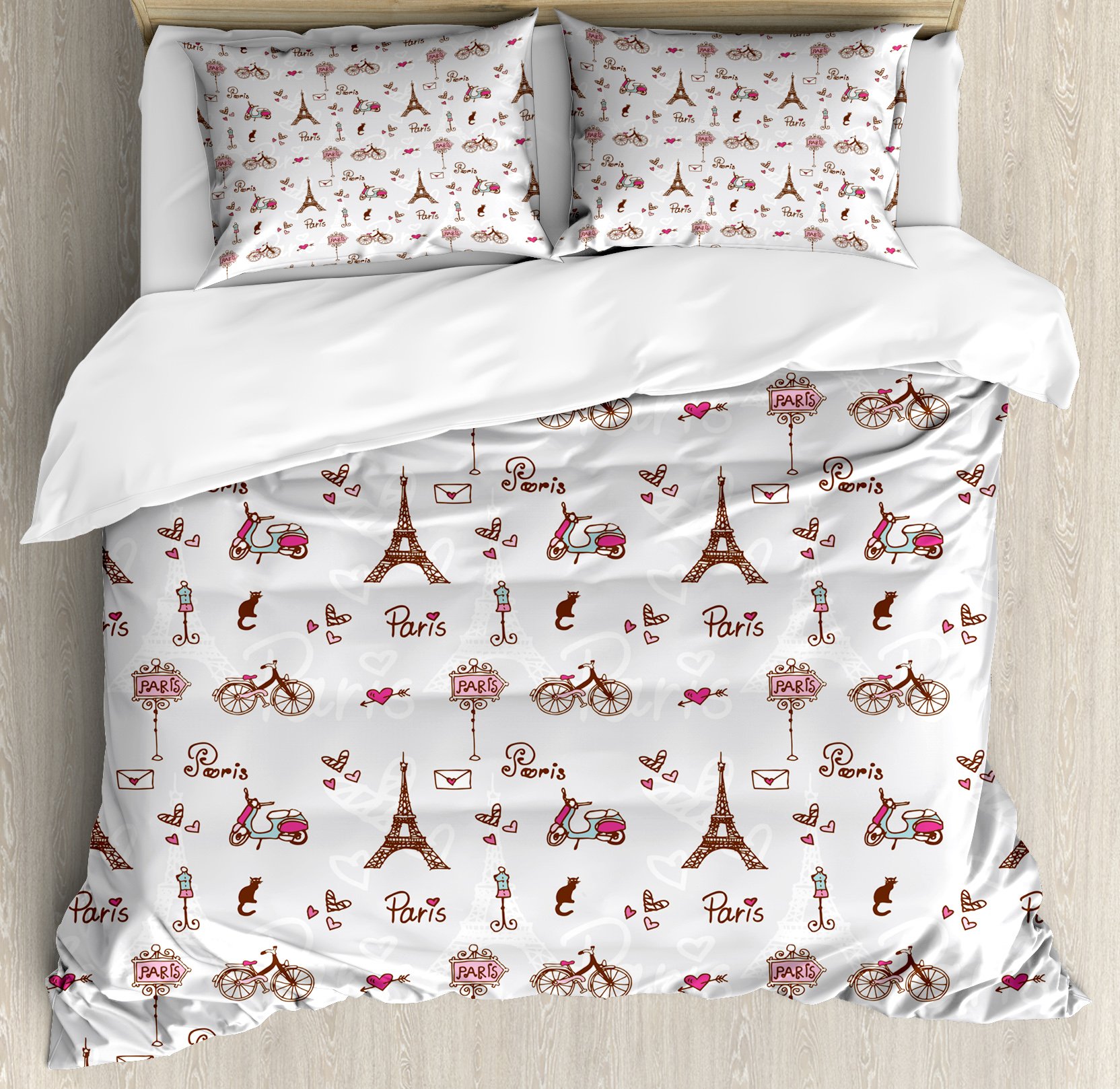 Ambesonne Paris Duvet Cover Set - Romantic Eiffel Tower & Heart Print 3-Piece Bedding Set with 2 Pillow Shams, King Size, Redwood Pearl Pink | Perfect for Paris-Themed Bedrooms, Girls' Rooms & Romantic Home Decor