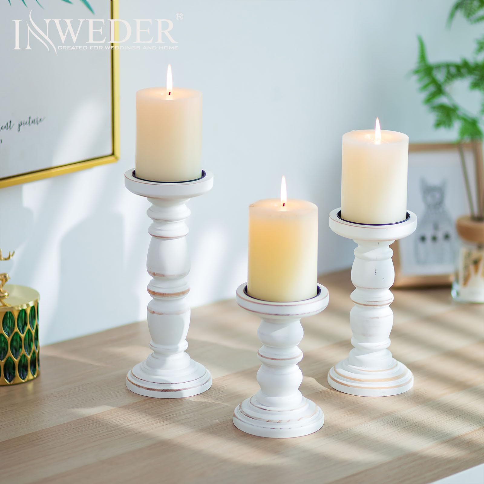 Rustic White Wooden Candle Holders Set of 3 - Tall Farmhouse Pillar Candle Stand for Home Decor, Wedding Centerpieces, Fireplace Mantel & Holiday Table Settings - Durable Stable Candle Display for Rustic Events & Cozy Ambiance