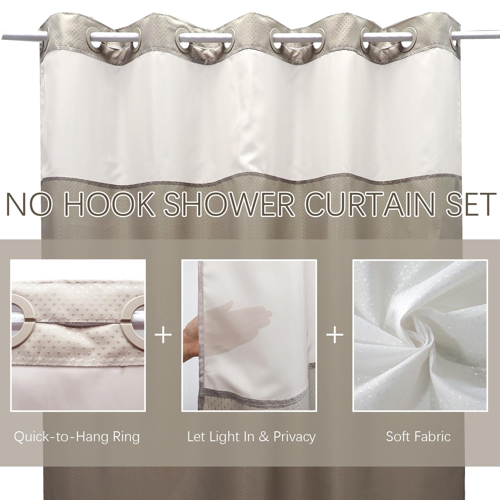 VIUOON No Hook Shower Curtain Set - Hotel Grade Fabric with See-Through Top Window, Waterproof & Washable Bathroom Shower Curtain (71