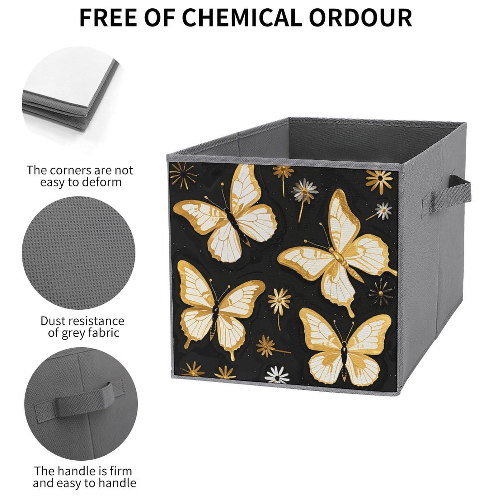 6-Piece Collapsible Storage Bins with Handles - Gold White Butterfly & Black Print Fabric Organizer Boxes for Shelves, Closet, Bathroom | Space-Saving Foldable Storage Baskets for Home Organization