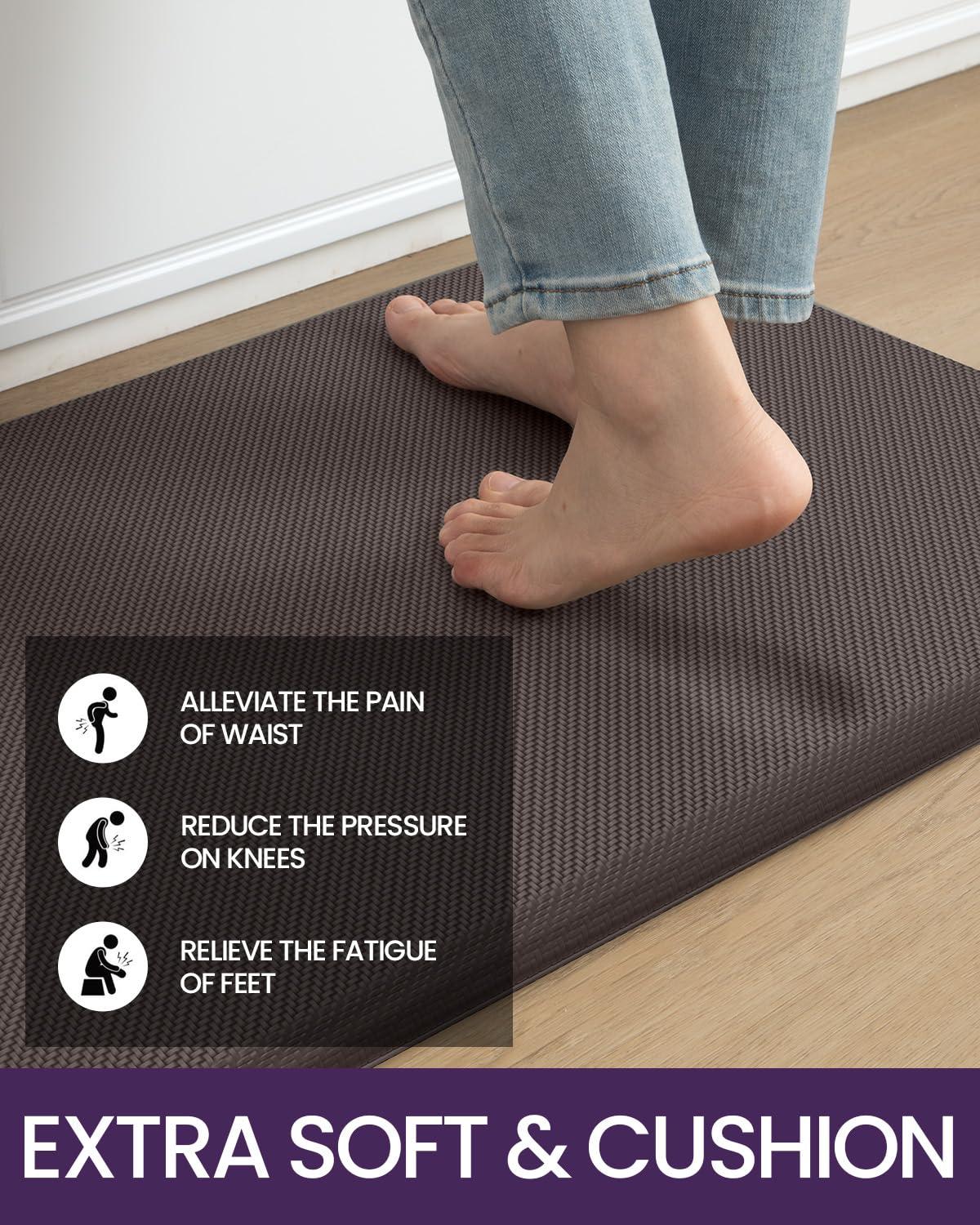 DEXI Anti-Fatigue Kitchen Mat - Non-Slip Waterproof Standing Comfort Floor Rug for Kitchen, Office, Laundry, Sink - 48x20 Inches, Brown - Perfect for Cooking, Dishwashing & Long Standing Work