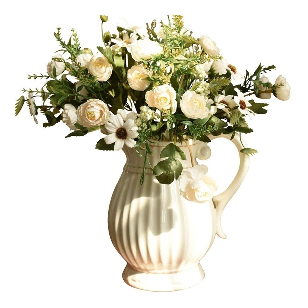 SYQOIU Artificial Fake Flowers Bouquet - 12 Realistic Simulation Roses in Vintage Ceramic Vase for Home, Wedding, Restaurant & Office Decor - Perfect for Table Centerpieces, Gift Giving & Interior Design